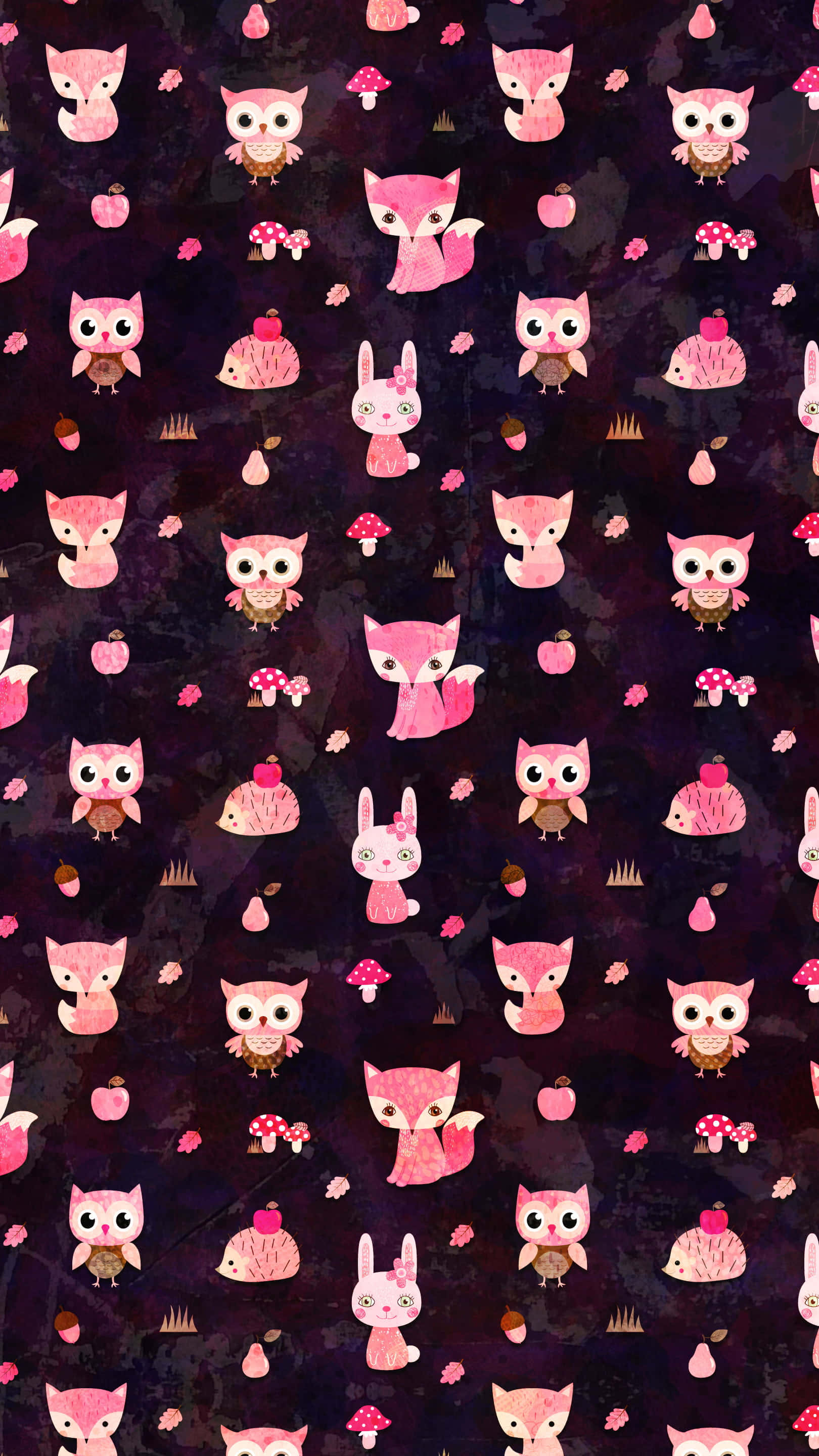 kawaii fox, pink cartoon foxes, dark textured background, 2K Phone Wallpaper
