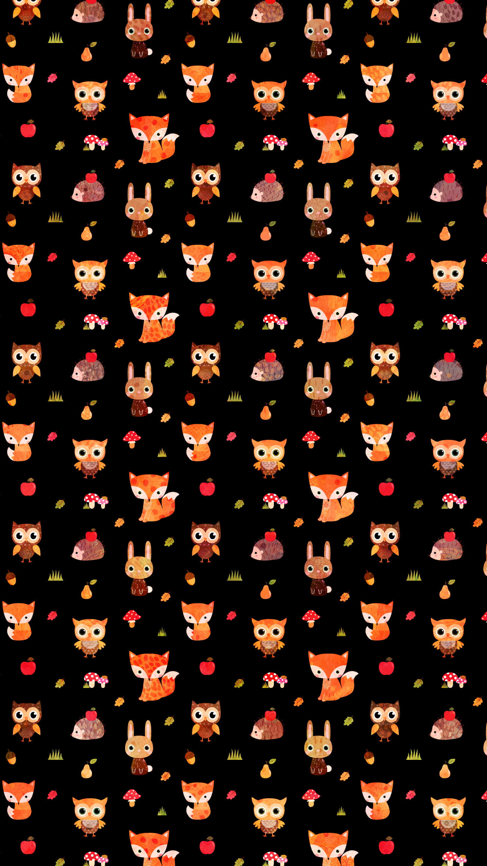 kawaii fox, black background, repeating pattern, 2K Phone Wallpaper