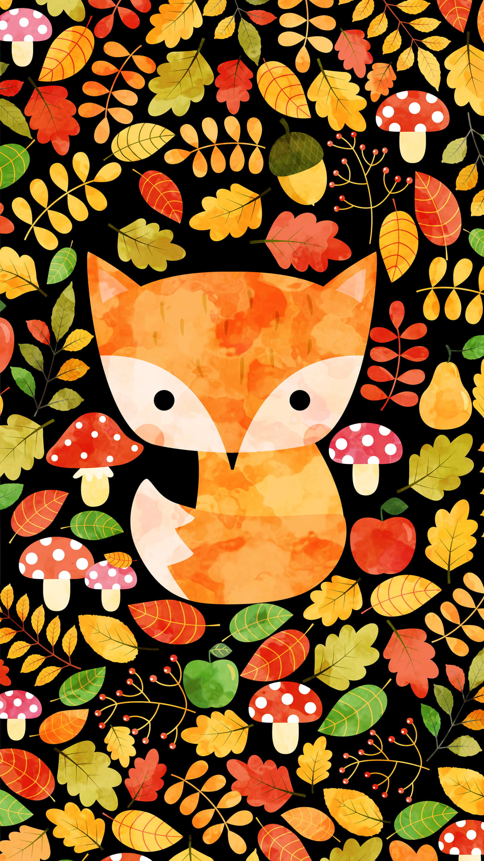 kawaii fox, orange fox, autumn leaves, 2K Phone Wallpaper