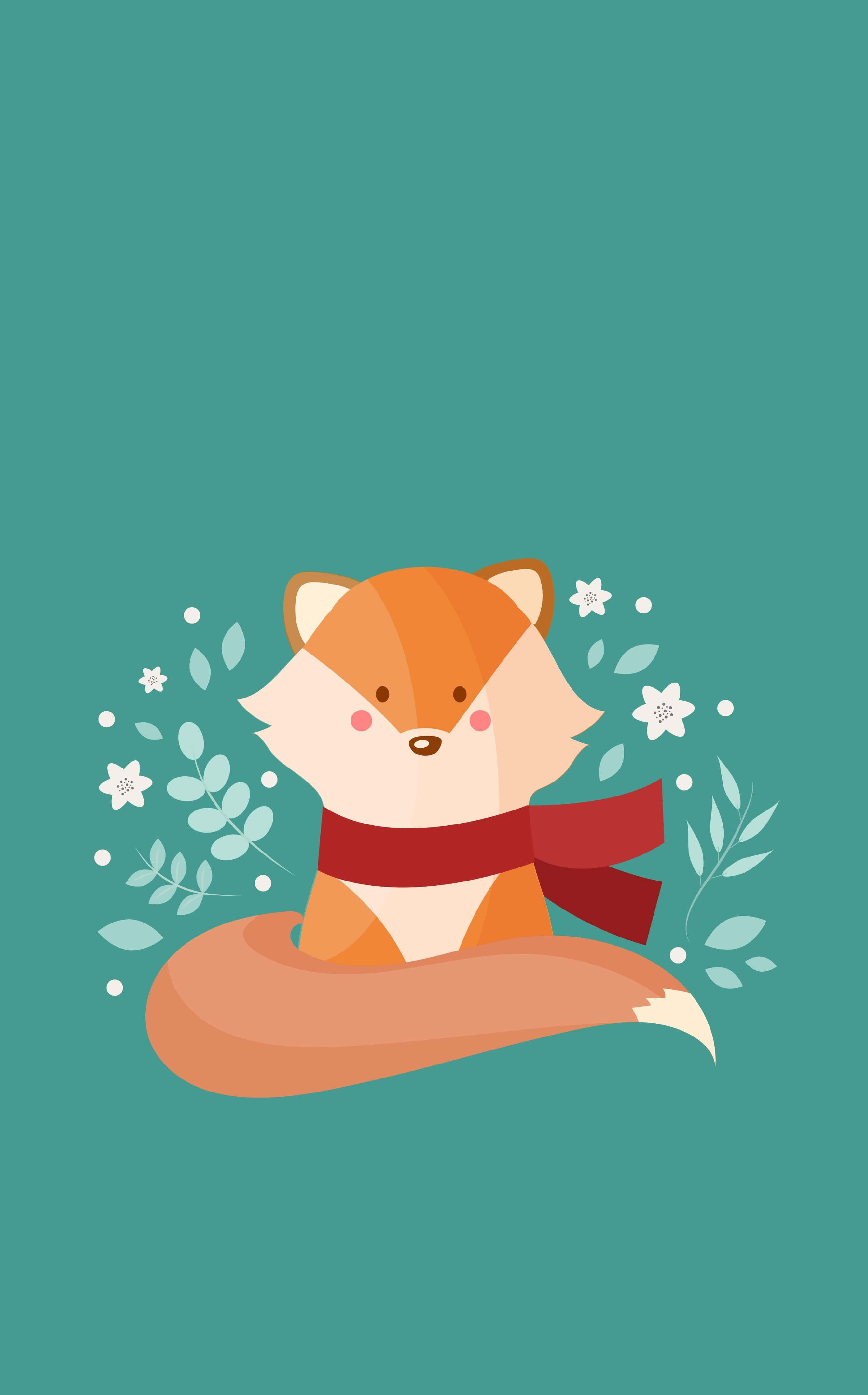 Kawaii Fox, red scarf, white flowers, 4K Phone Wallpaper