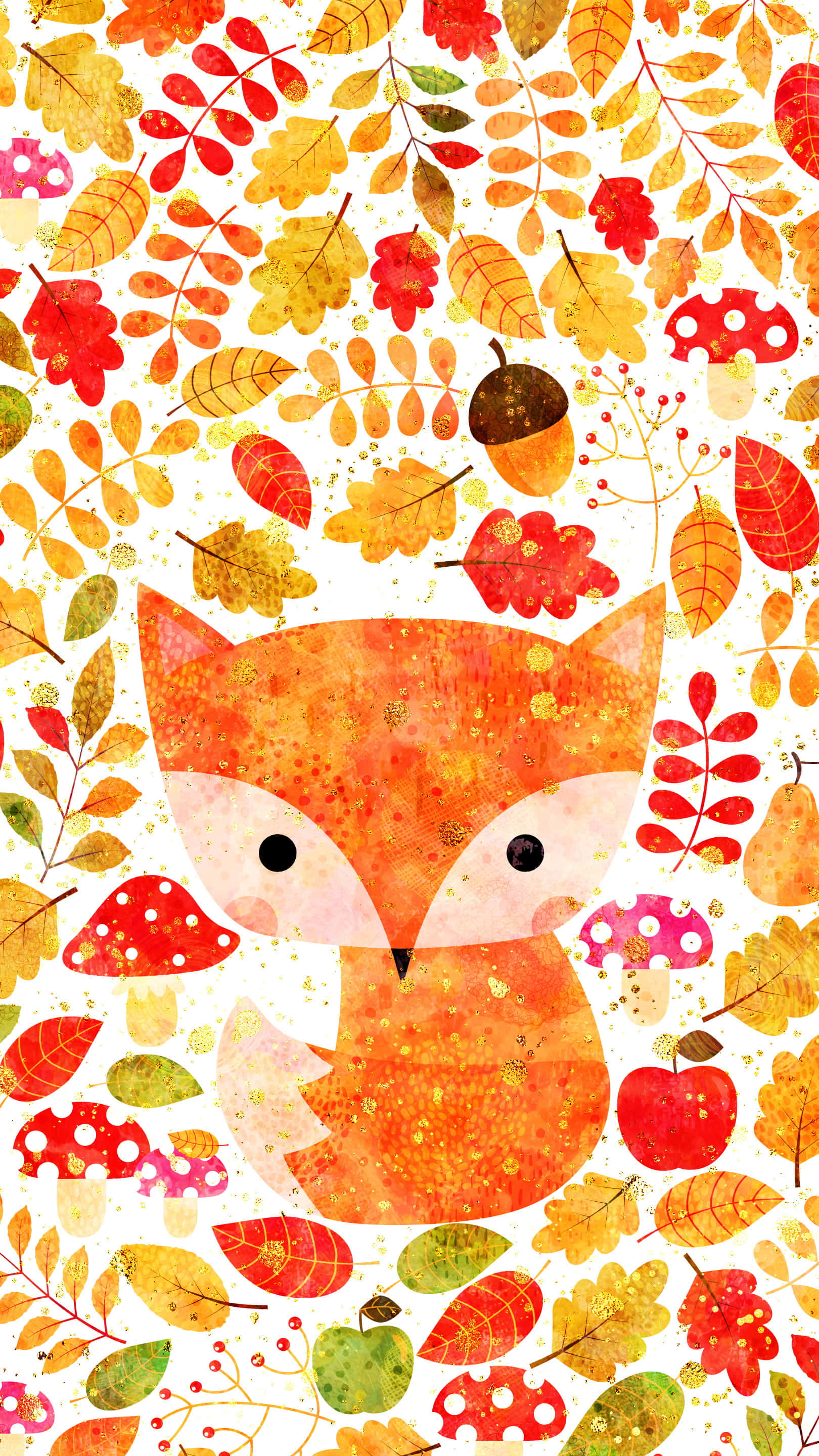 Kawaii Fox, watercolor fox, autumn leaves, 2K Phone Wallpaper