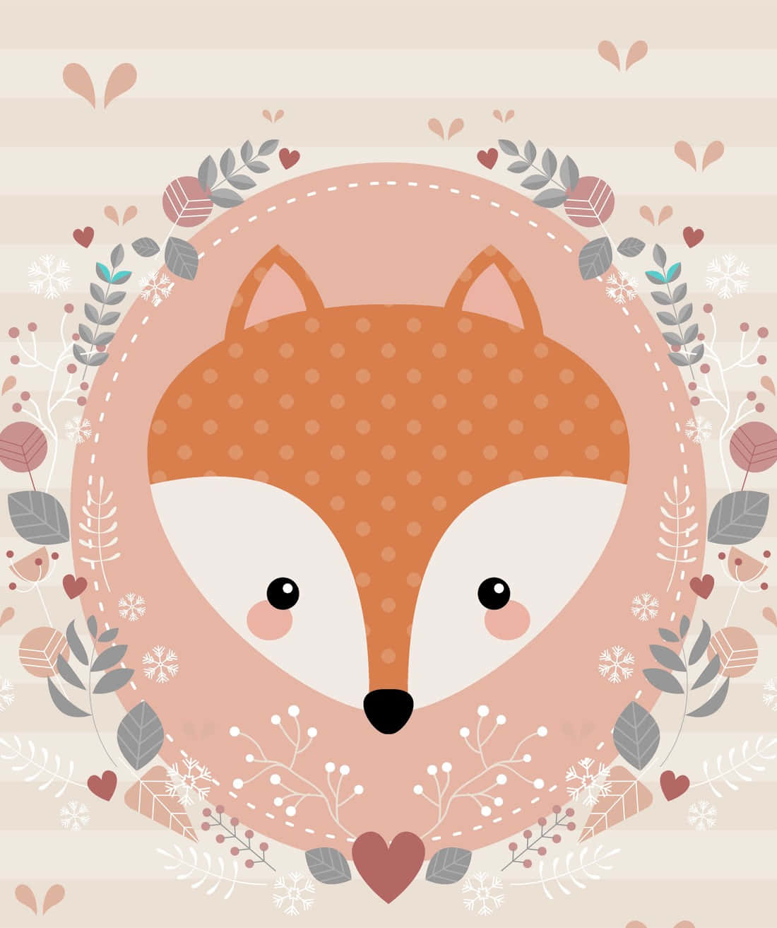 kawaii fox, polka dots, floral wreath, HD Phone Wallpaper
