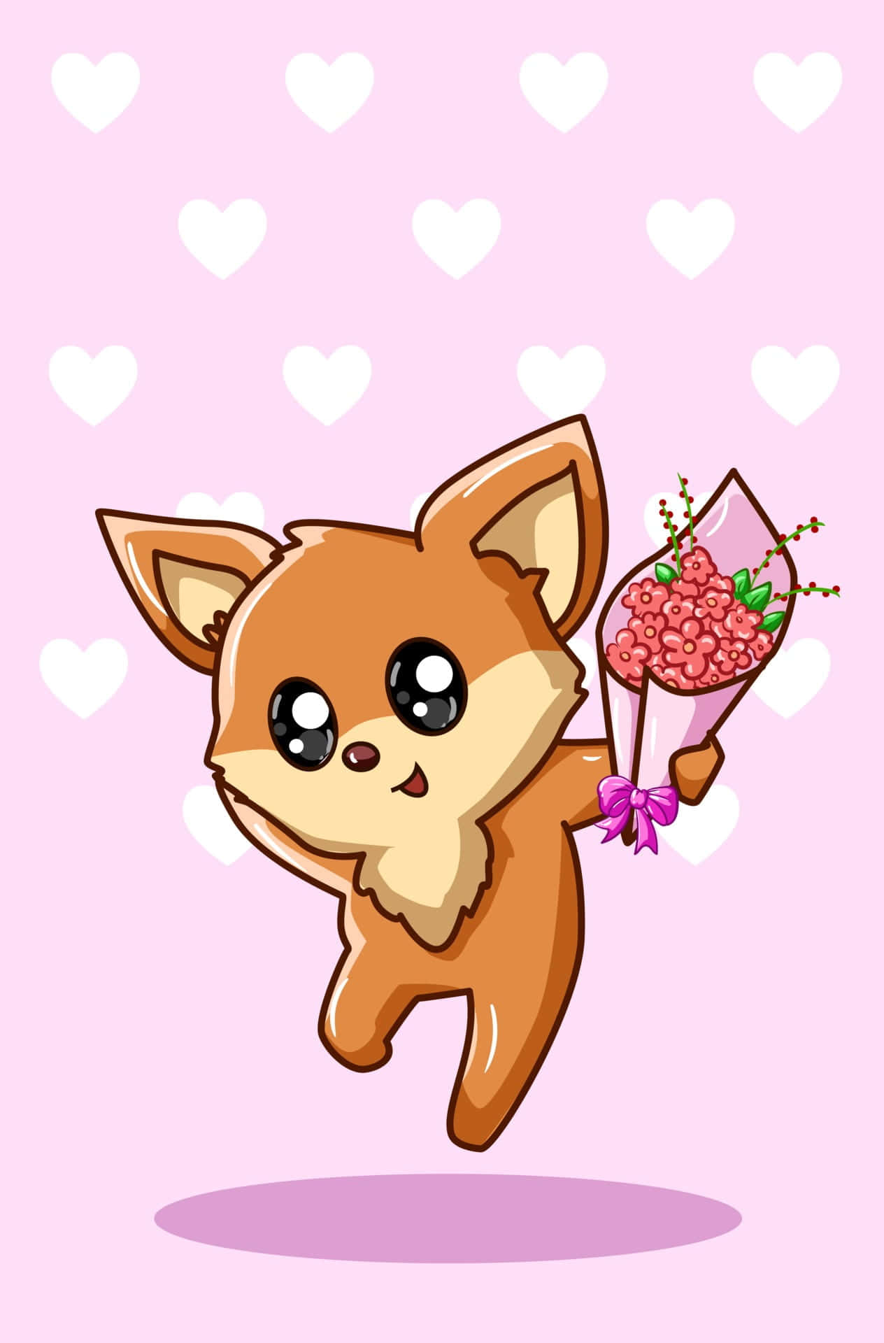 kawaii fox, pink flower bouquet, light pink background, Full HD Phone Wallpaper
