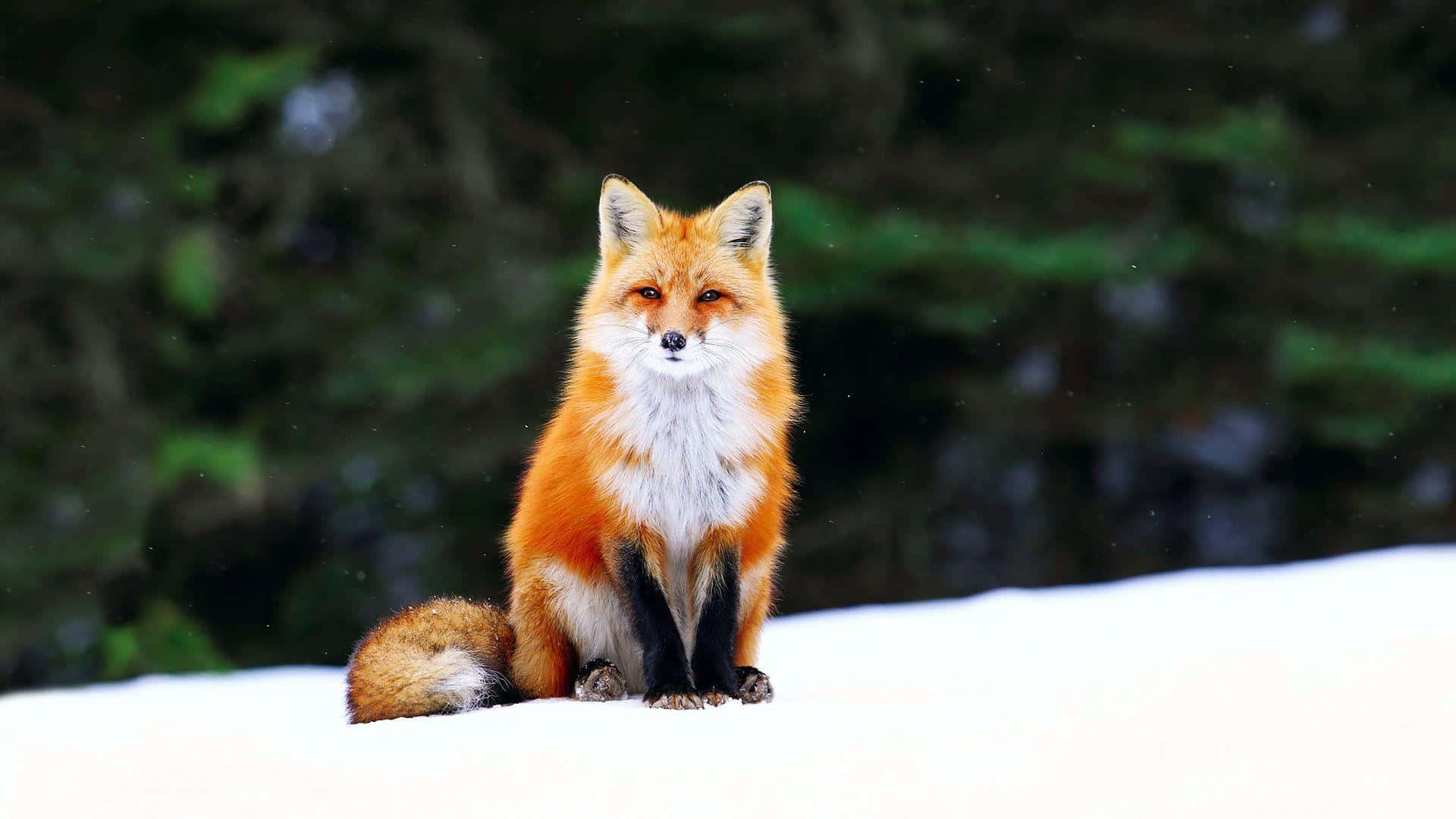 red fox, snowy slope, dark green trees, Full HD Desktop Wallpaper