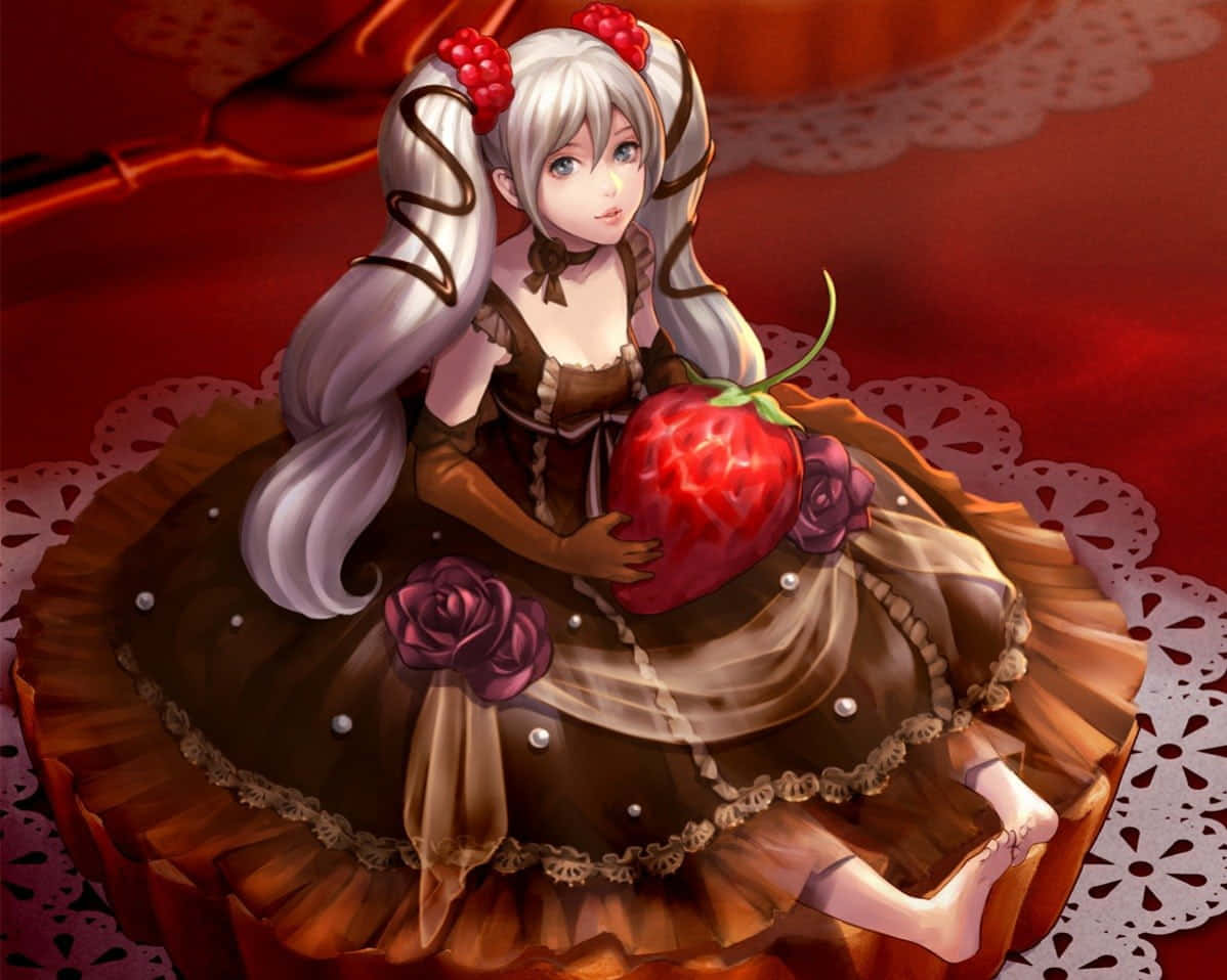 silver-haired anime girl, chocolate-themed dress, giant cupcake, SD Desktop Wallpaper