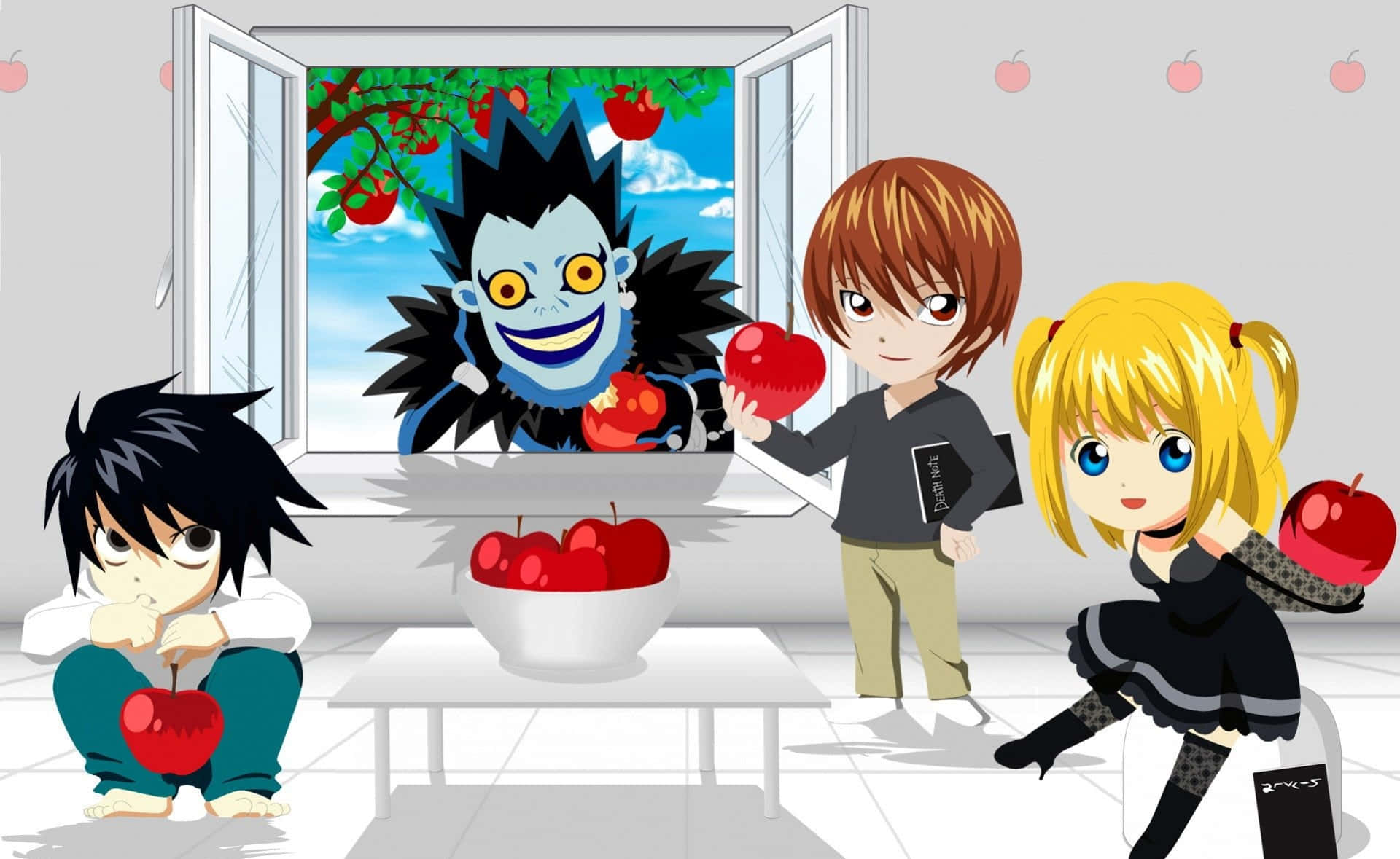kawaii fruit, blue-skinned figure, apples, Full HD Desktop Wallpaper