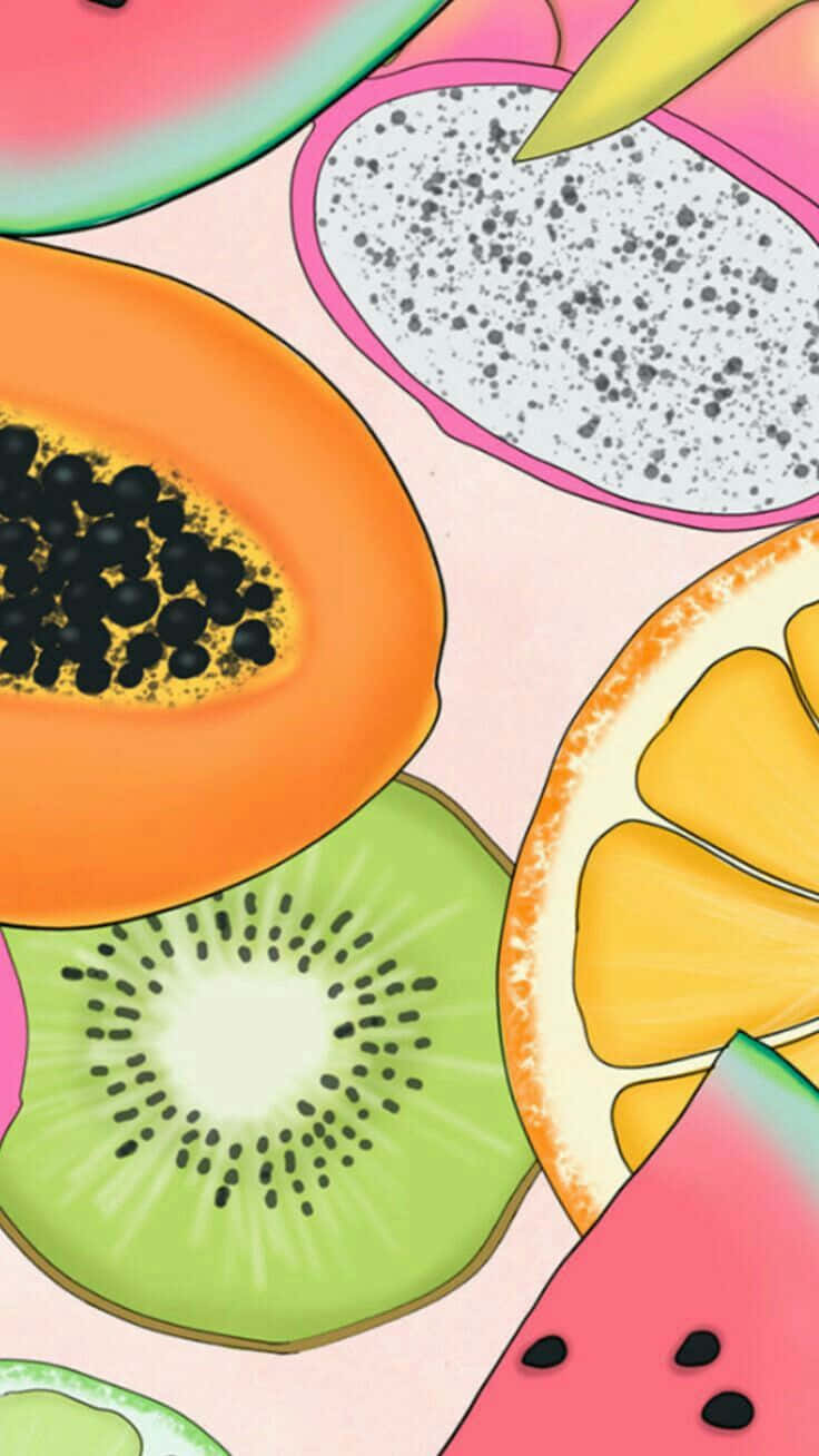 colorful tropical fruit collage, cartoon-style sliced fruits, watermelon, HD Phone Wallpaper