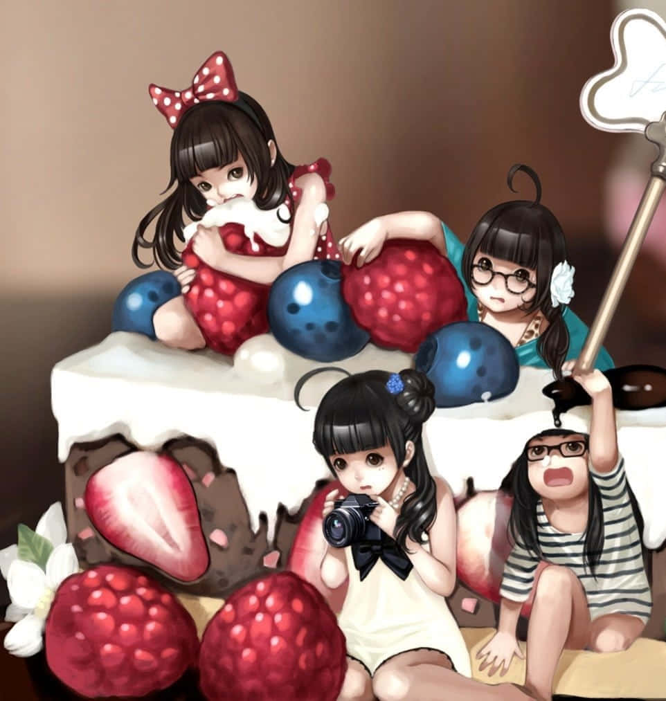 kawaii fruit, anime girls, giant cake, SD Phone Wallpaper