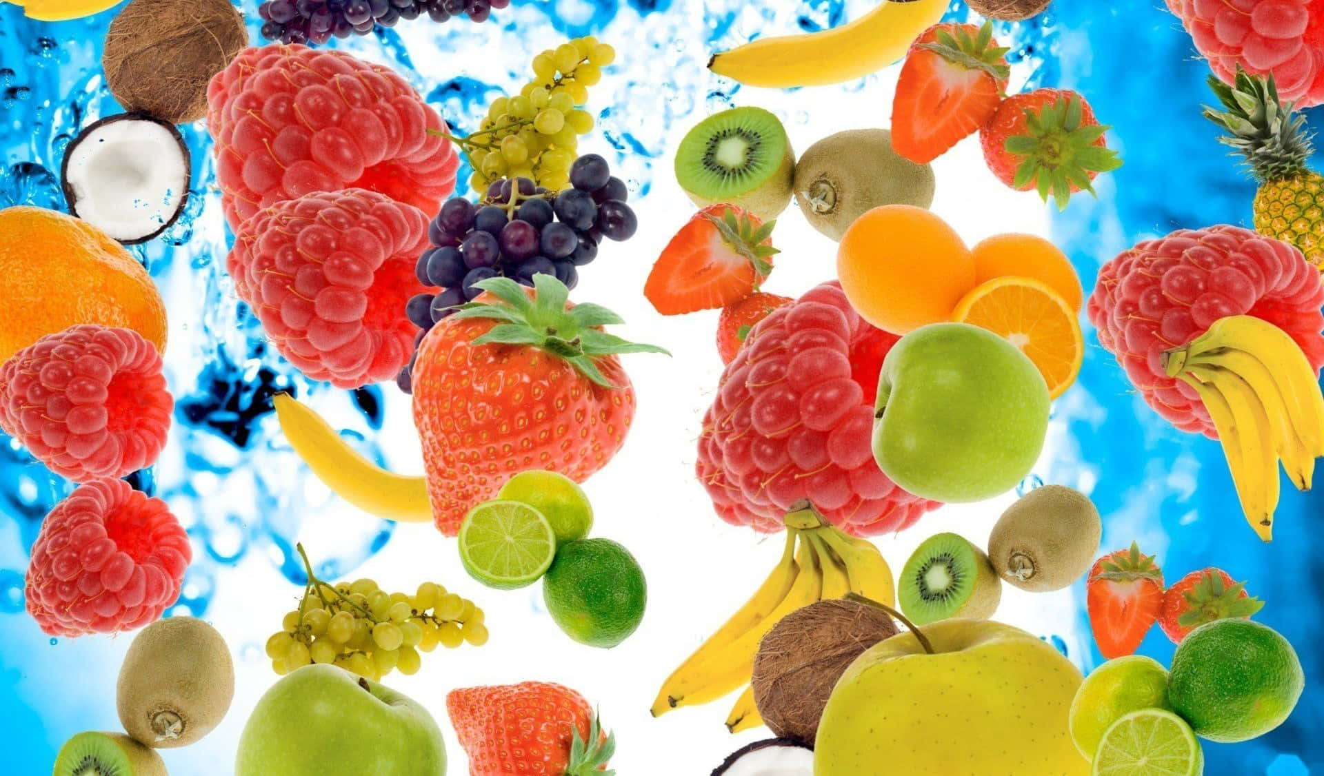 Kawaii Fruit, blue water splash, bright white background, Full HD Desktop Wallpaper