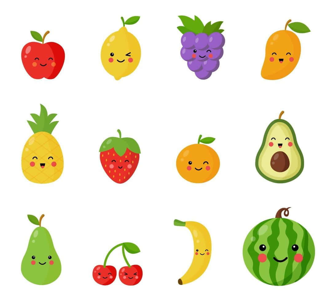 kawaii fruit, twelve cartoon fruits, smiling faces, SD Desktop Wallpaper