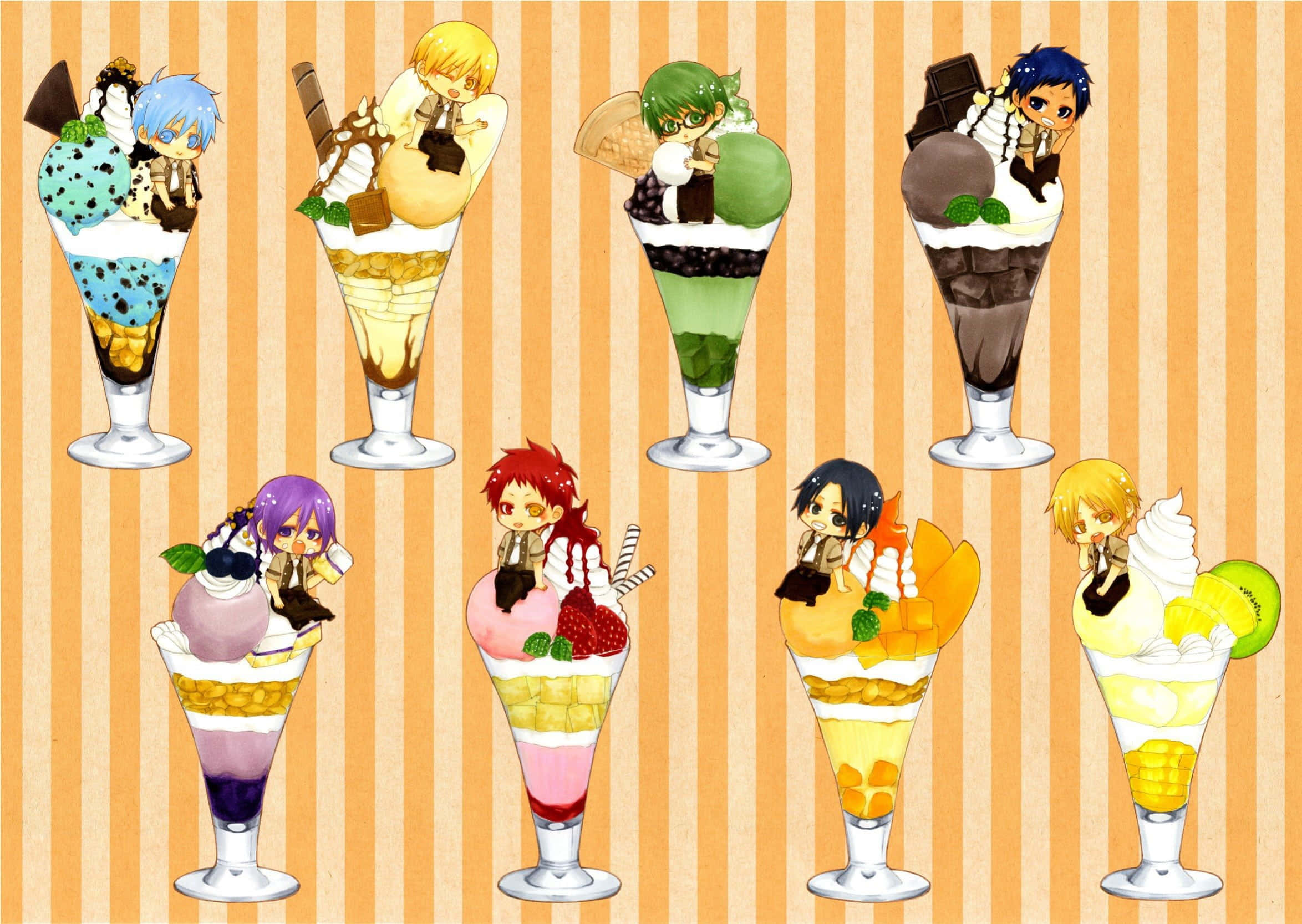 kawaii fruit, anime characters, colorful layered parfaits, Full HD Desktop Wallpaper