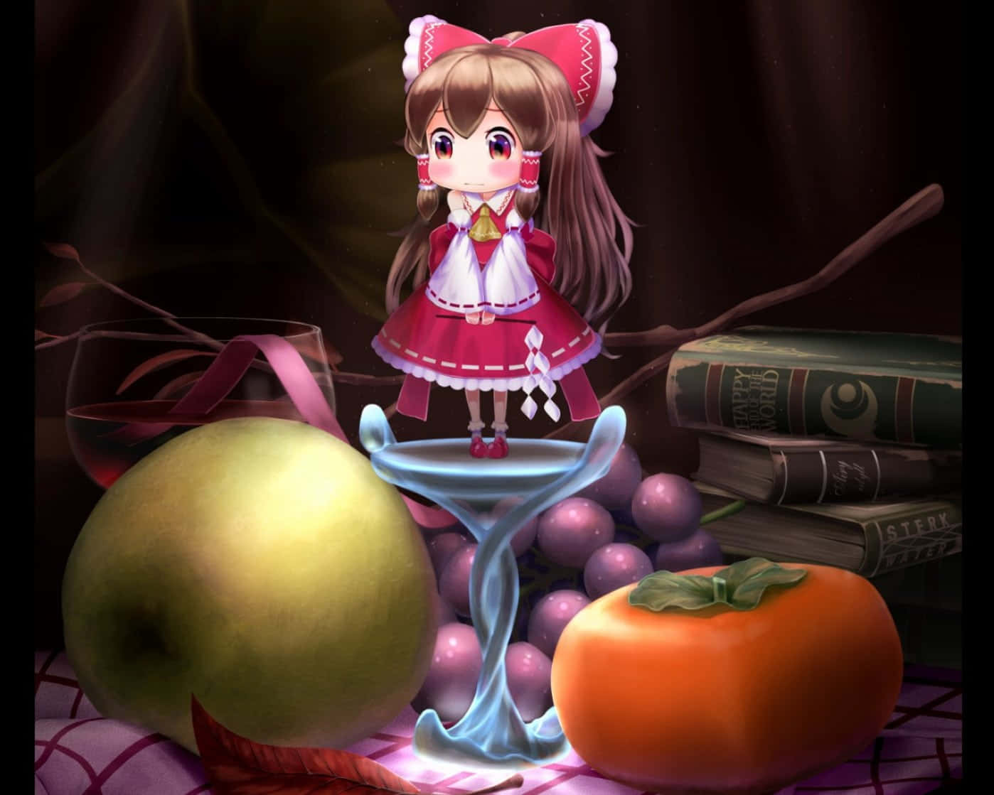 kawaii fruit, chibi anime girl, red dress, HD Desktop Wallpaper
