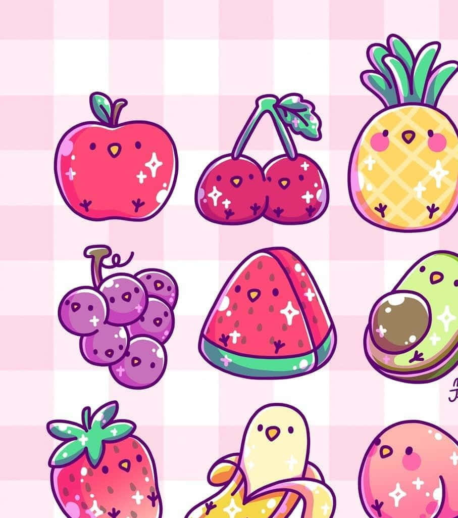 Kawaii Fruit, pink checkered background, sparkles, SD Phone Wallpaper