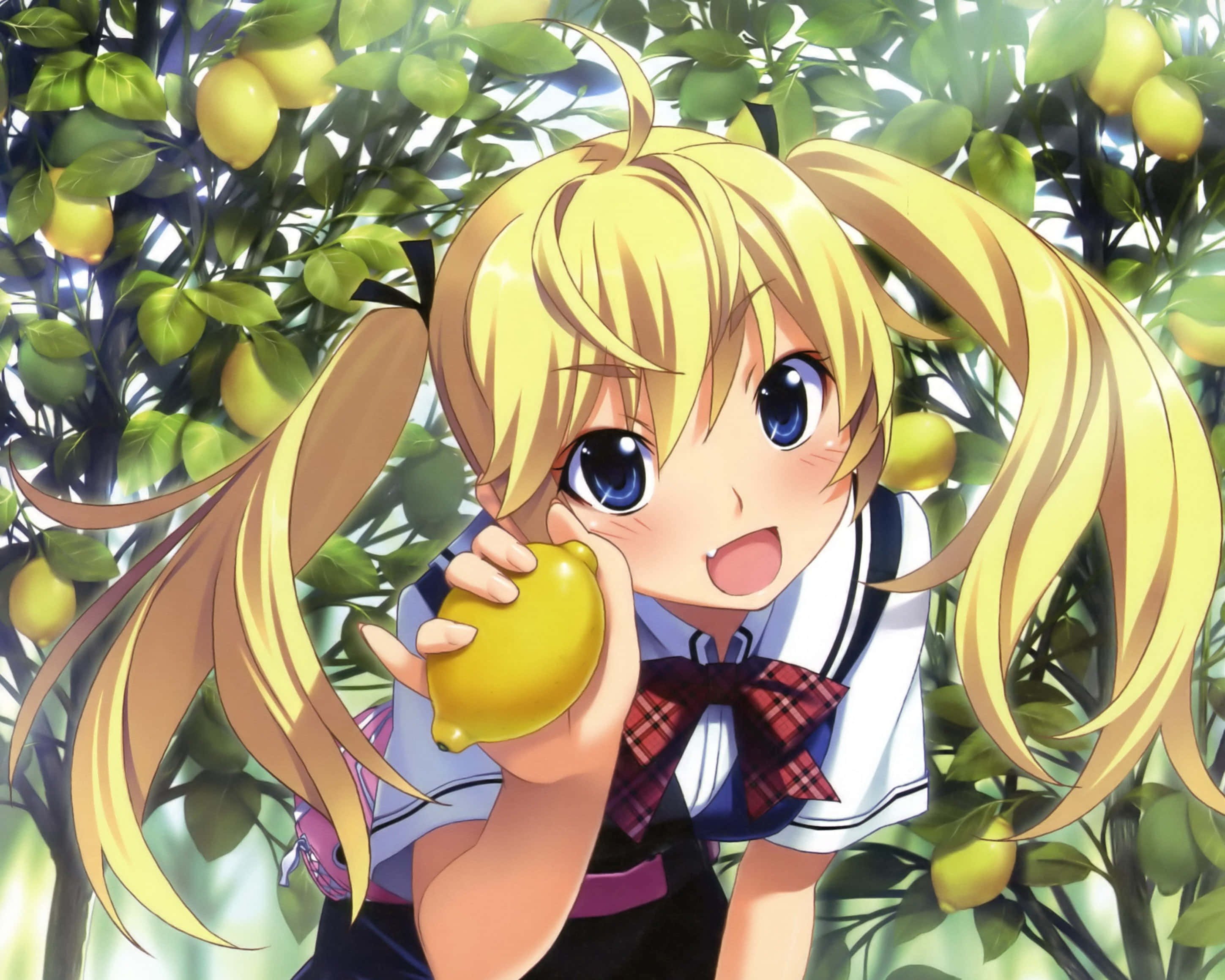 kawaii fruit, anime girl, blonde pigtails, 2K Desktop Wallpaper