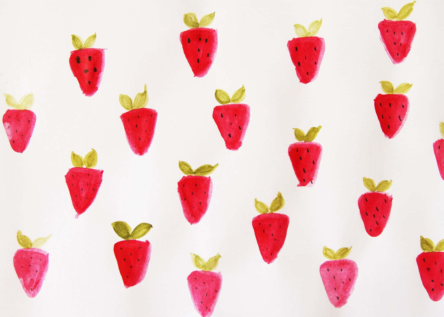 kawaii fruit, watercolor strawberries, green leaves, HD Desktop Wallpaper