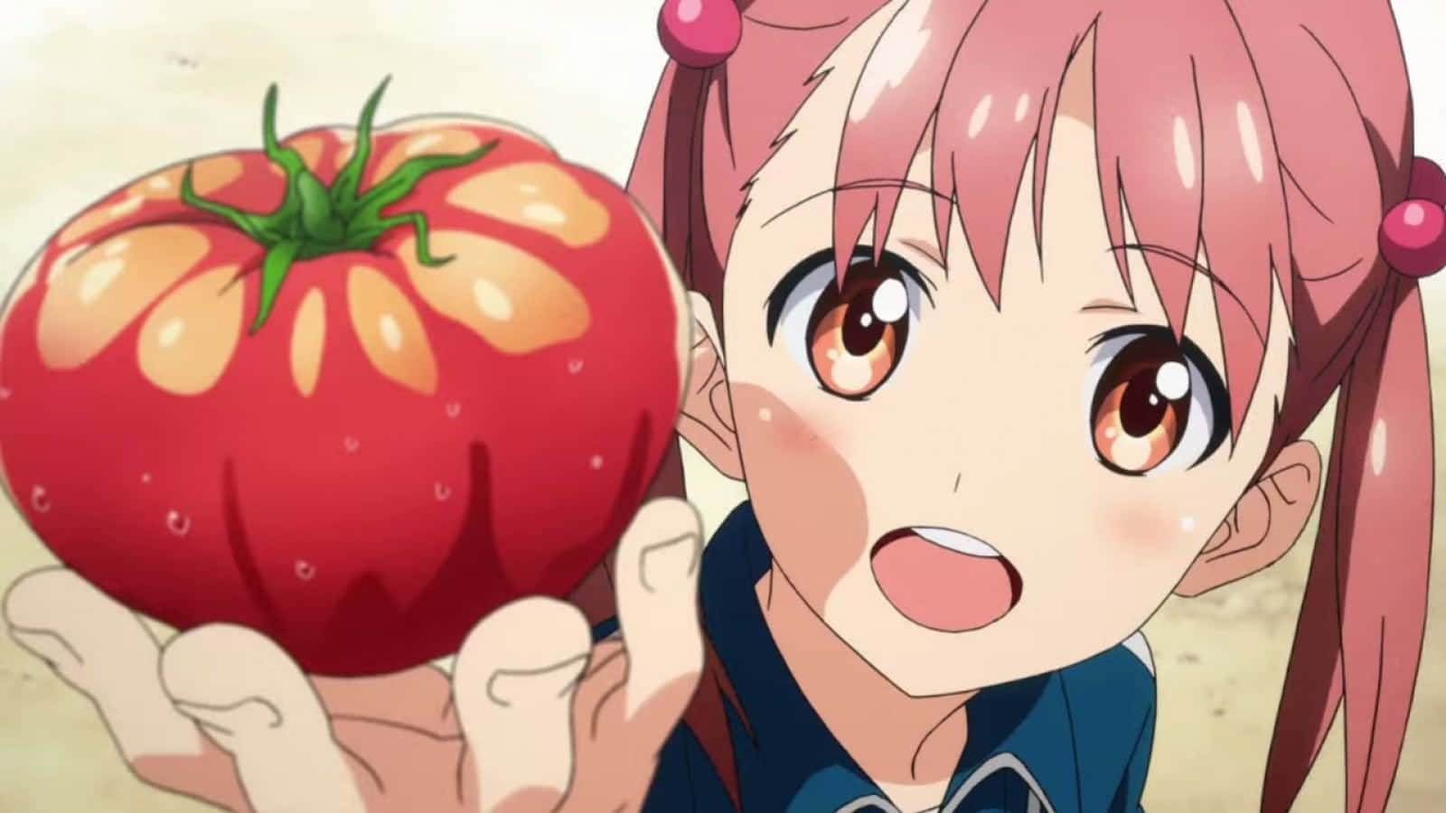 kawaii fruit, pink hair, giant glossy red tomato, HD Desktop Wallpaper