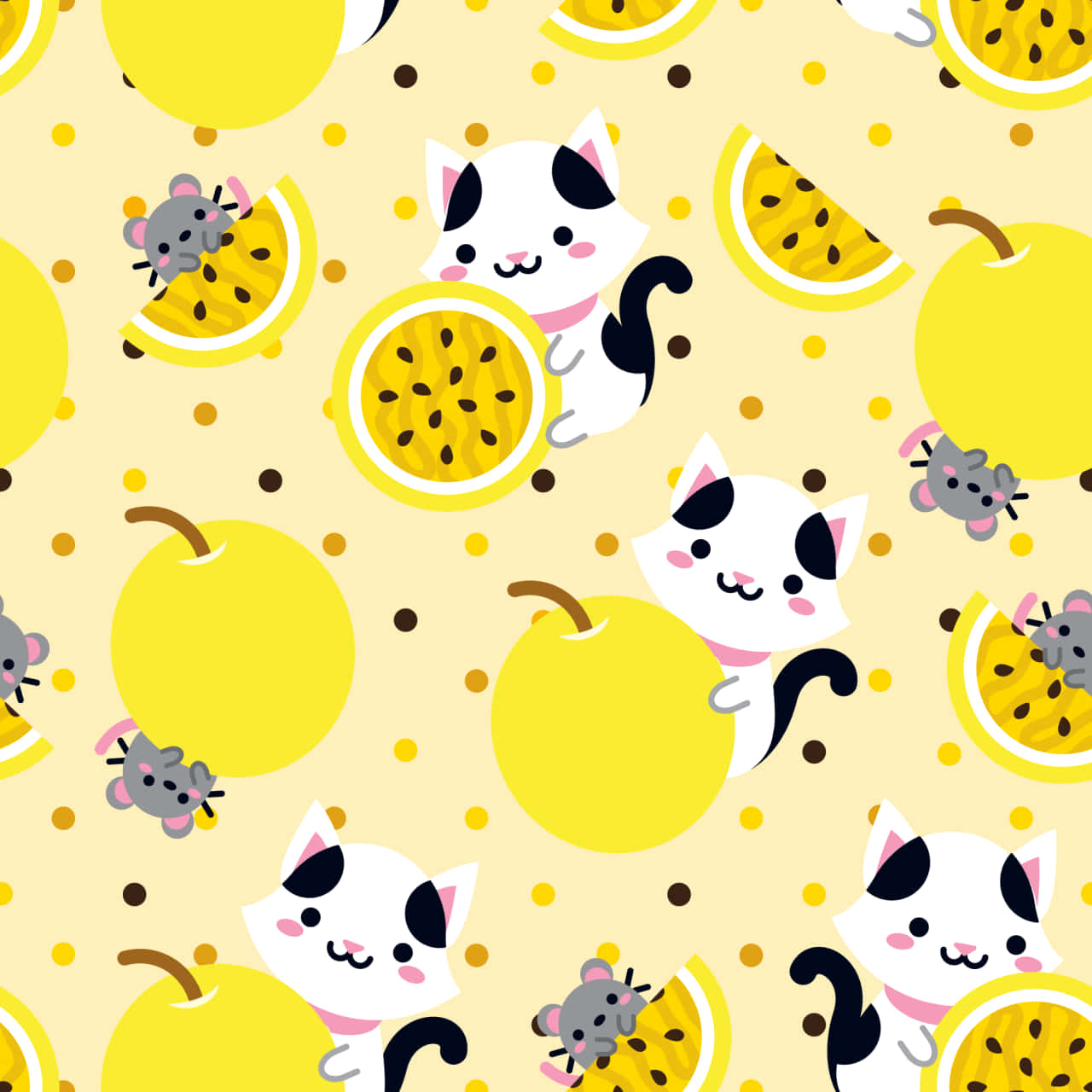kawaii fruit, yellow citrus fruits, cute cartoon cats, HD Desktop Wallpaper