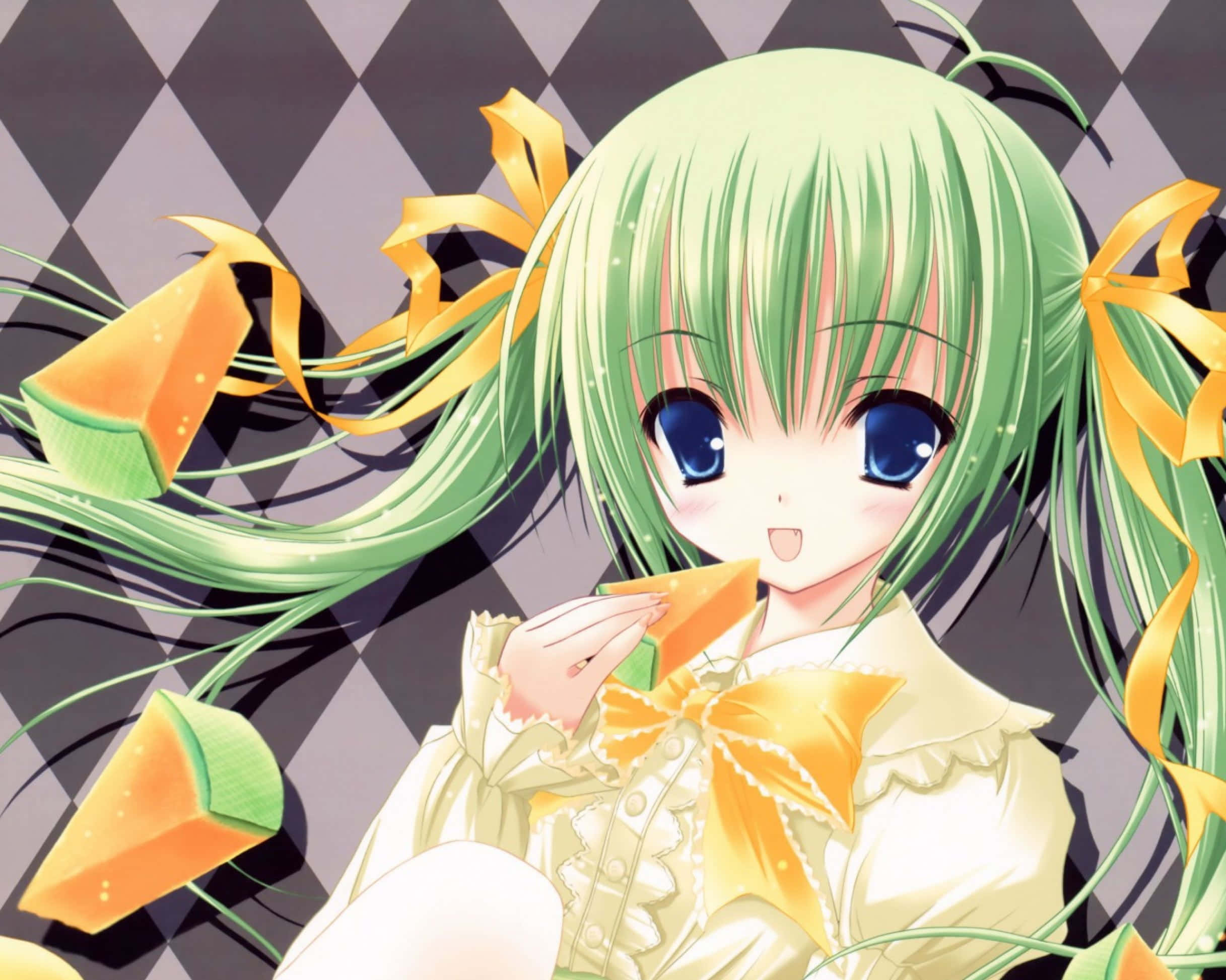 Kawaii Fruit, anime girl, green hair, Full HD Desktop Wallpaper
