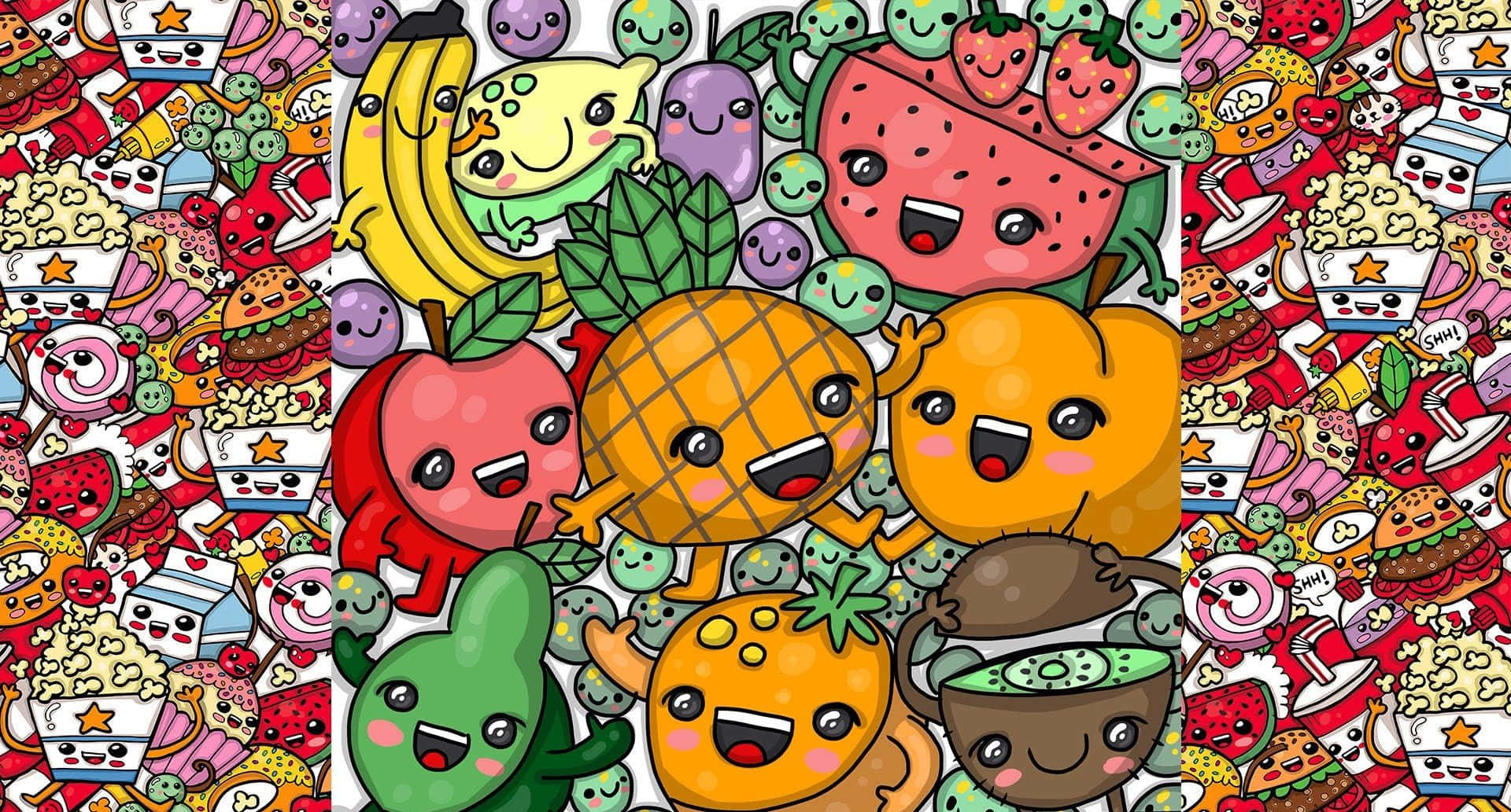 Kawaii Fruit, cartoon collage, smiling fruits, Full HD Desktop Wallpaper