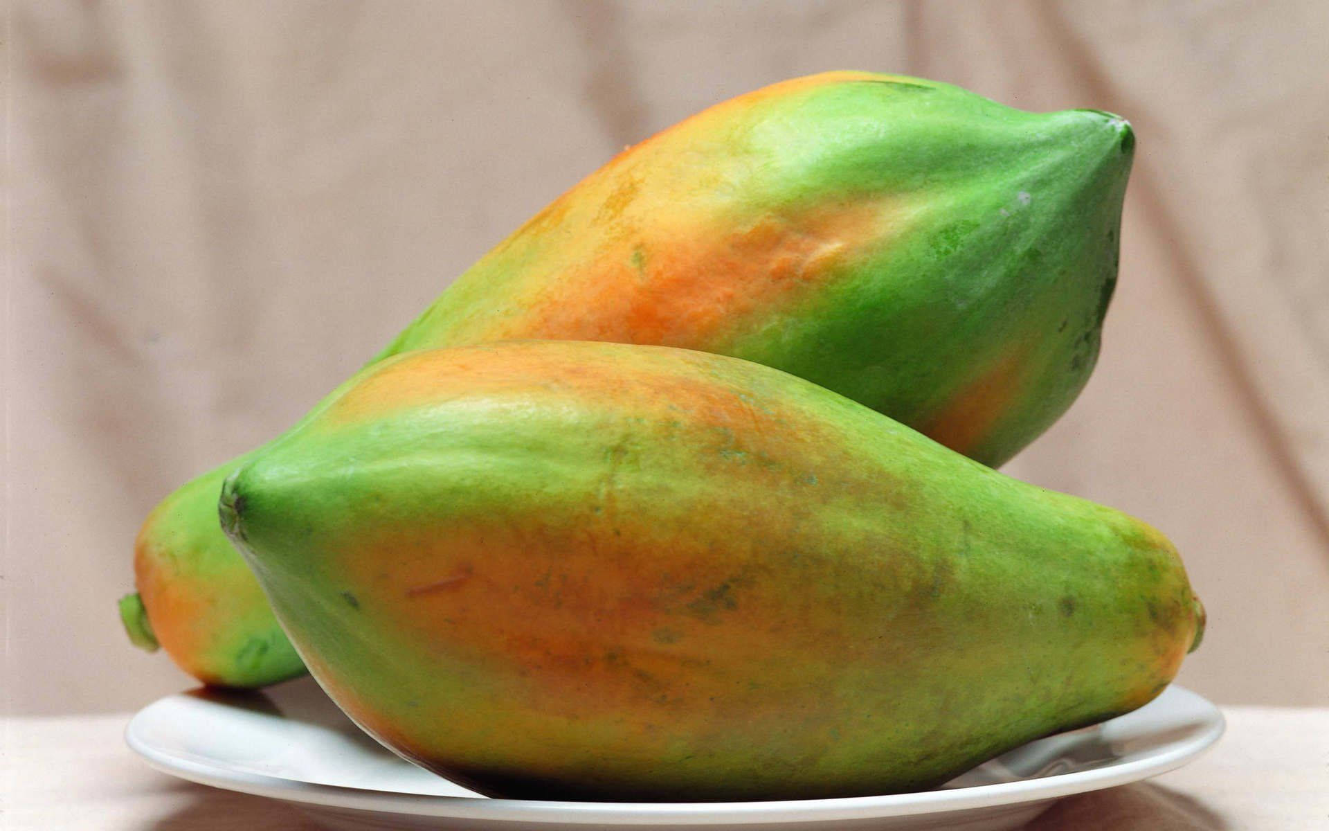 papaya fruits, green and orange skin, white plate, Full HD Desktop Wallpaper
