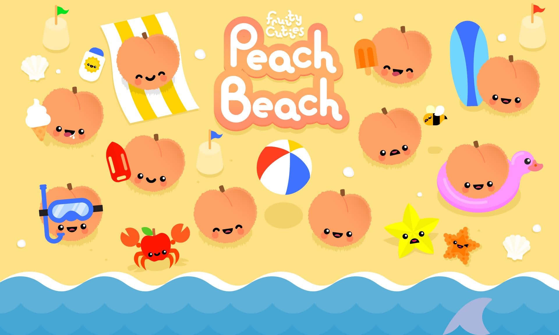 kawaii fruit, peach characters, sunny beach scene, Full HD Desktop Wallpaper