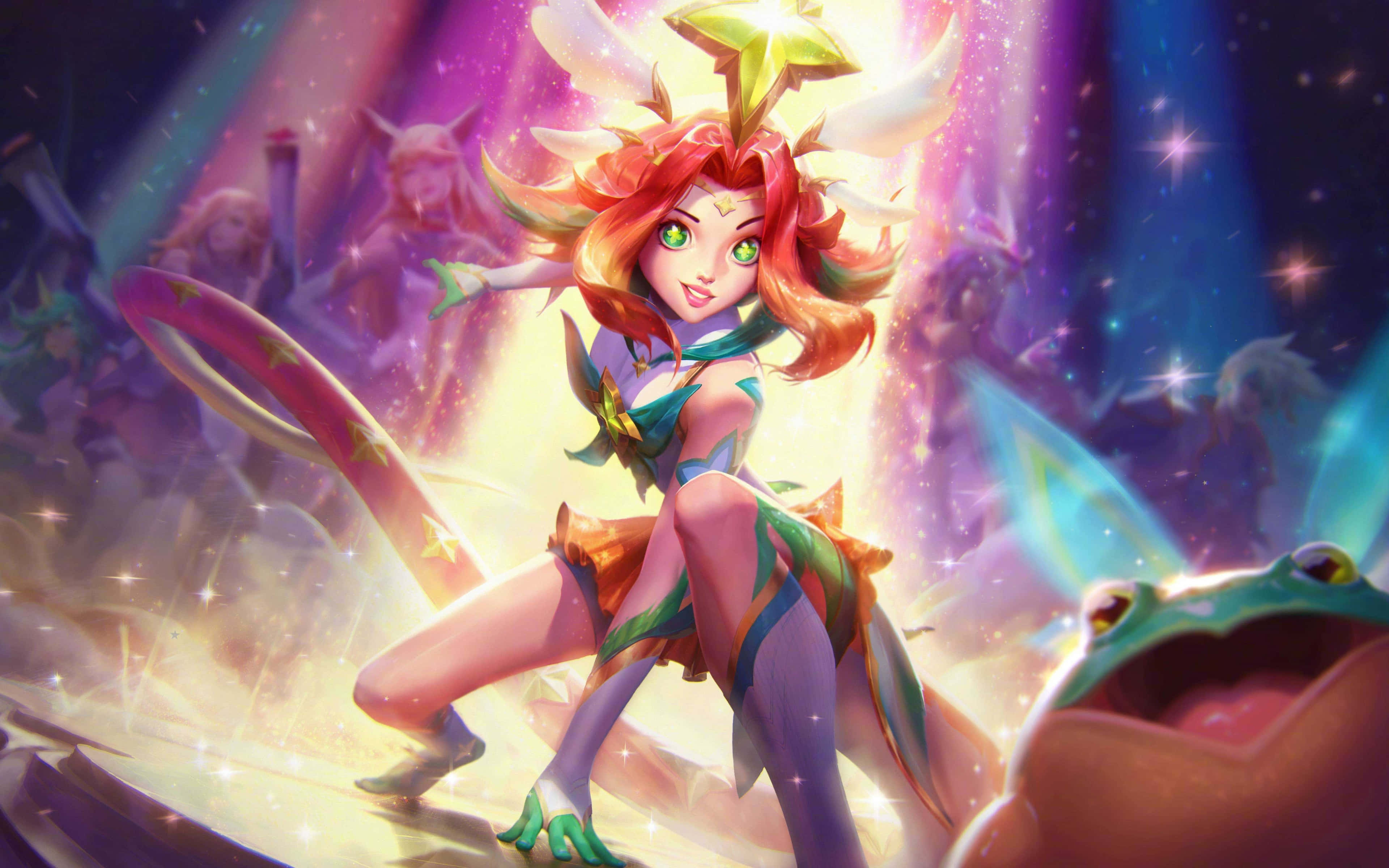 kawaii gaming girl, fiery red hair, glowing green eyes, 4K Desktop Wallpaper