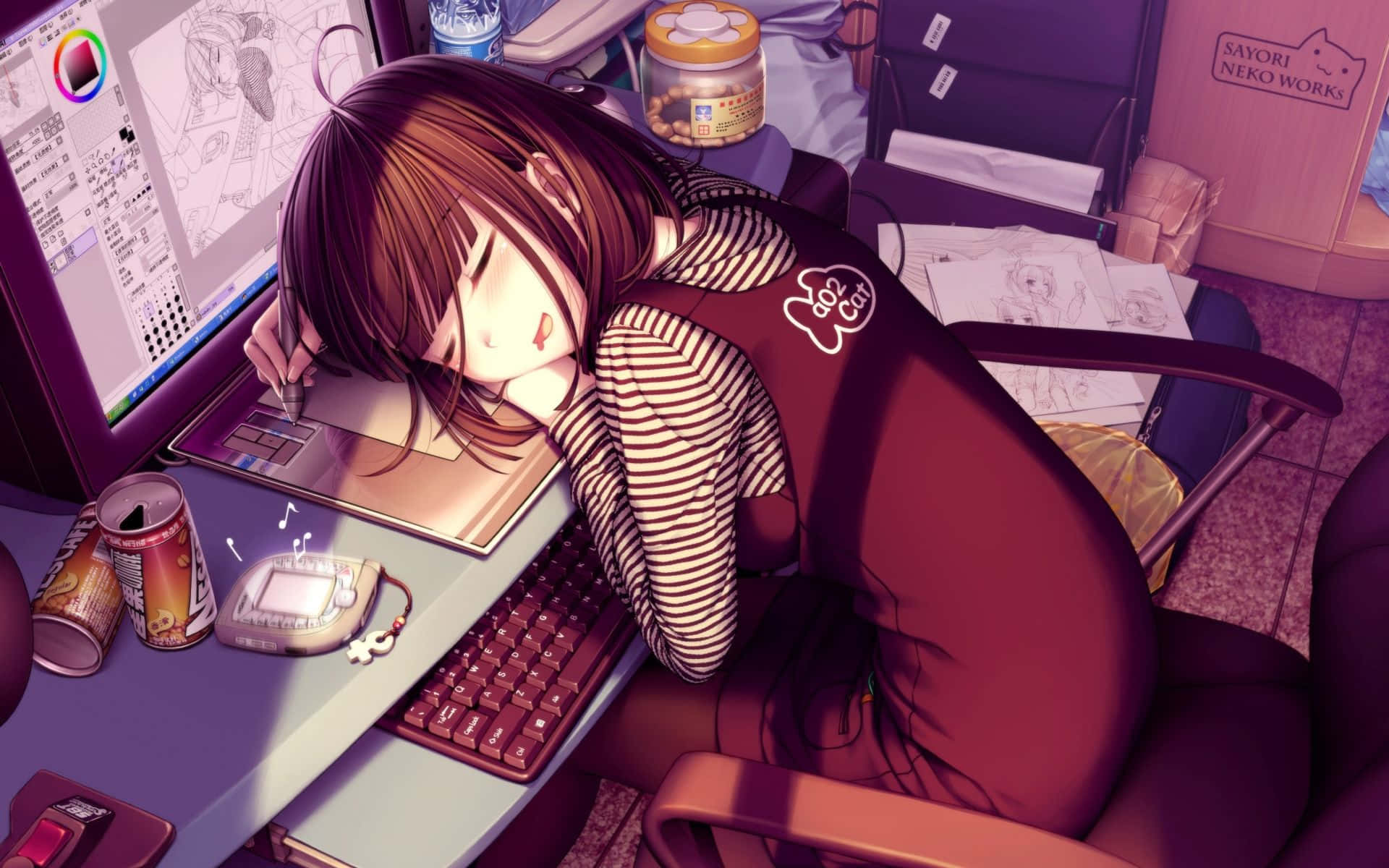 Kawaii Gaming Girl, anime girl, brown hair, Full HD Desktop Wallpaper