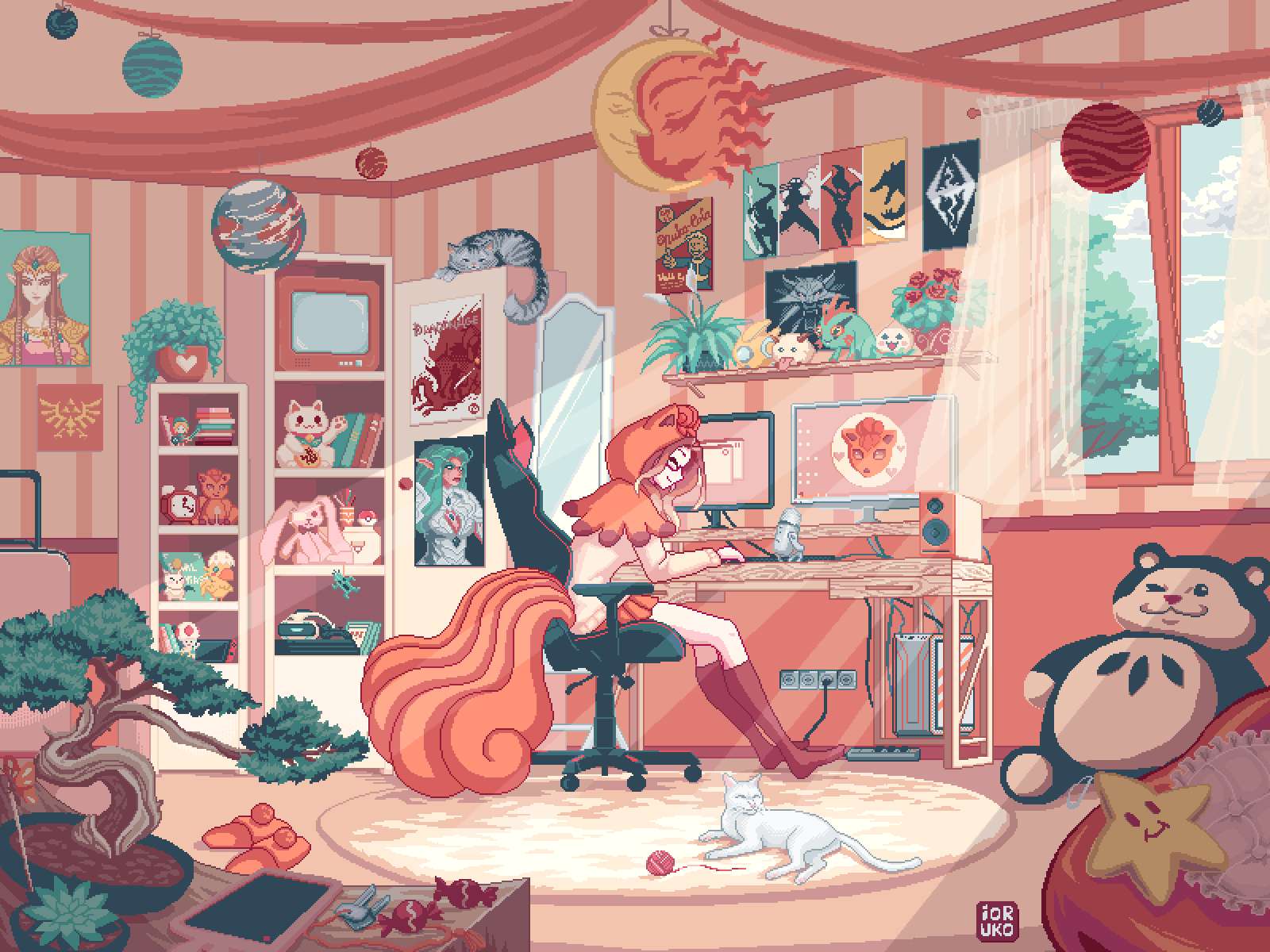 Kawaii Gaming Girl, long orange hair, cluttered desk, HD Desktop Wallpaper