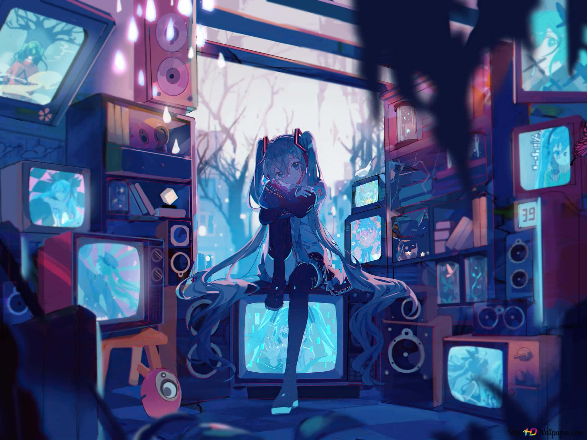 Kawaii Gaming Girl, long blue hair, glowing TV, Full HD Desktop Wallpaper