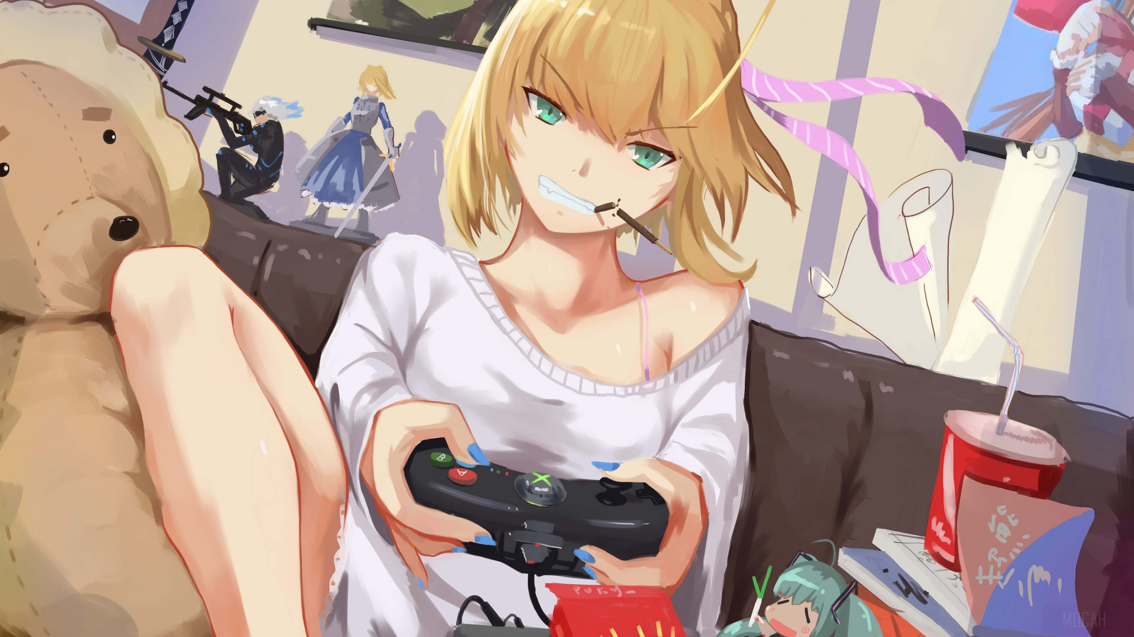 Kawaii Gaming Girl, blonde anime girl, green eyes, 4K Desktop Wallpaper