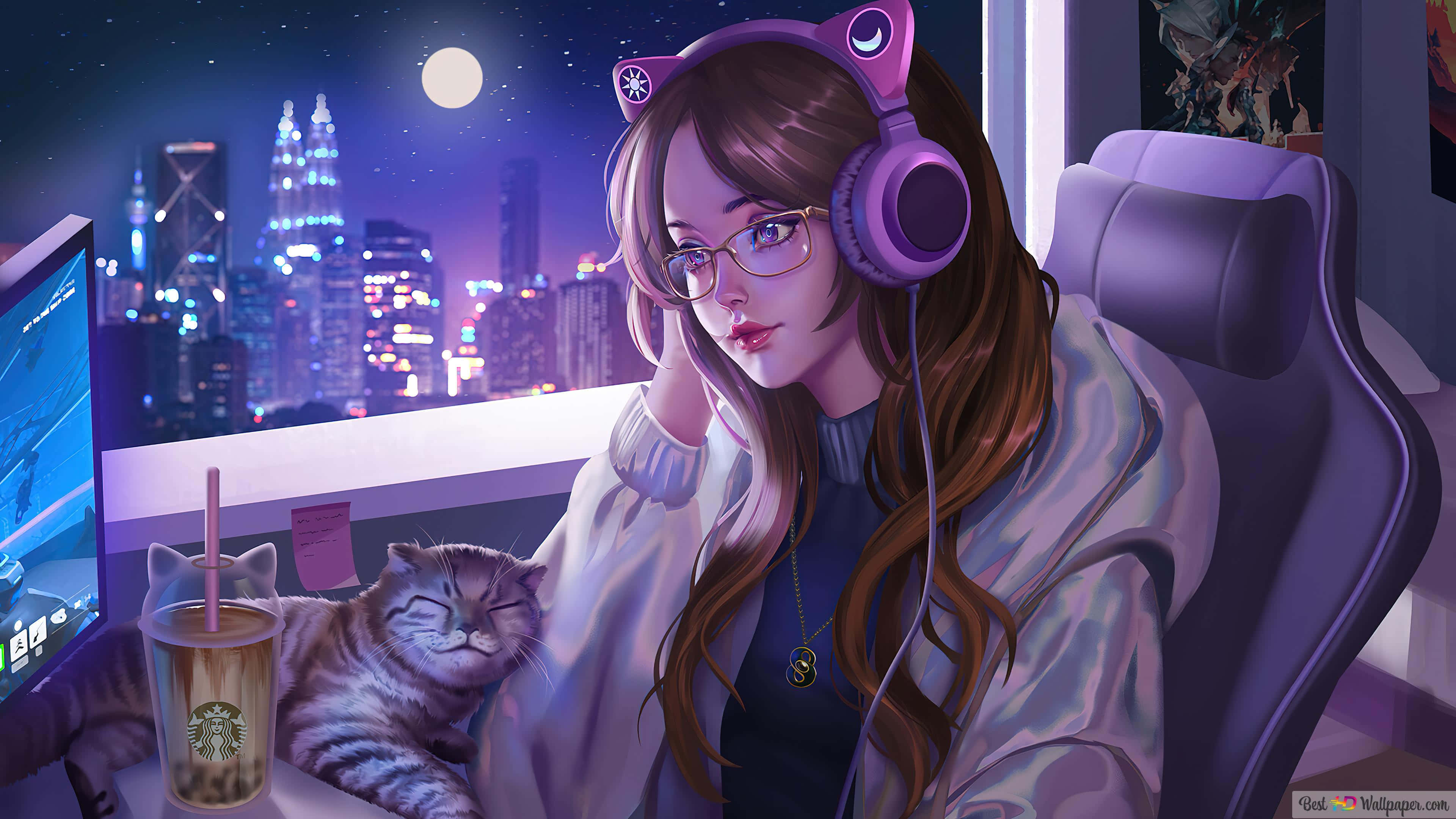 Kawaii Gaming Girl, cat ears headphones, desk, 4K Desktop Wallpaper