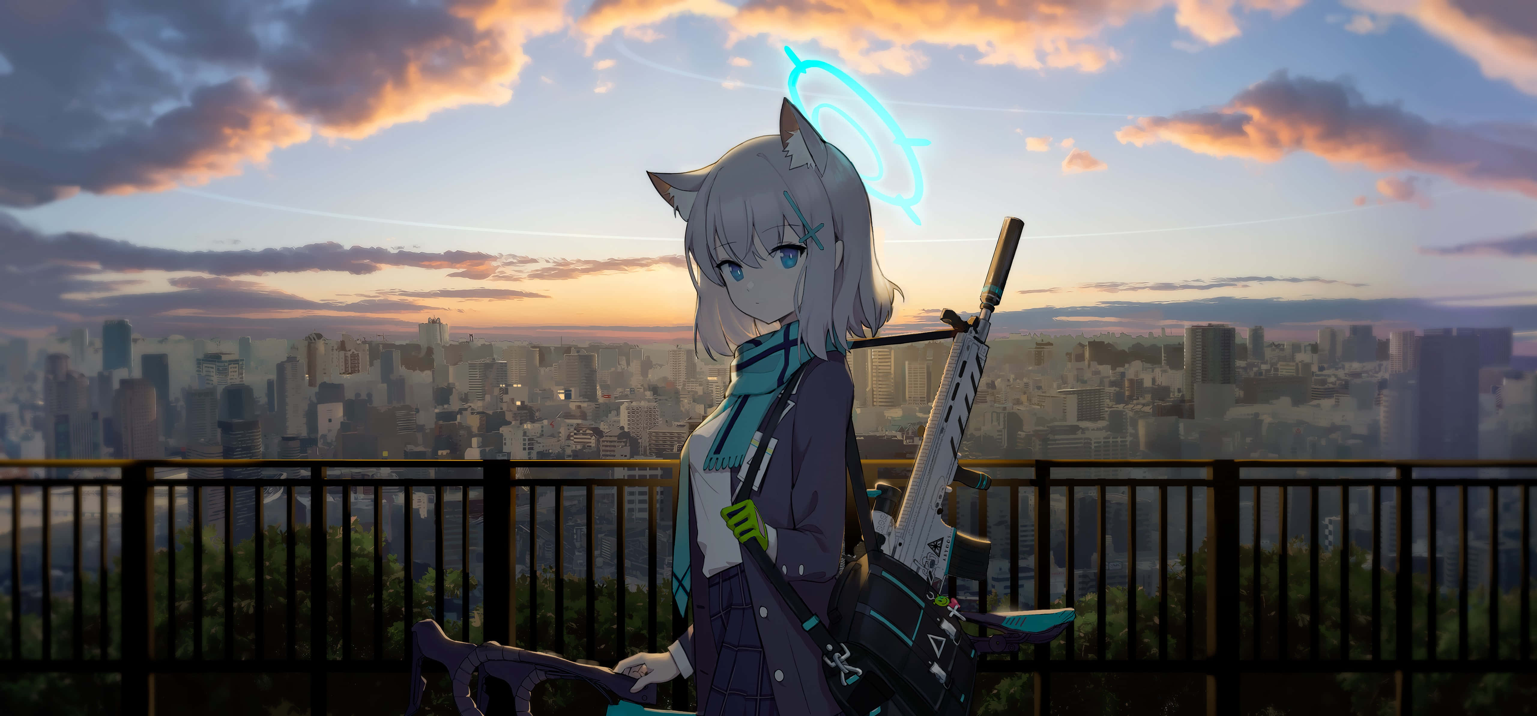 Kawaii Gaming Girl, cat ears, glowing halo, 5K Desktop Wallpaper