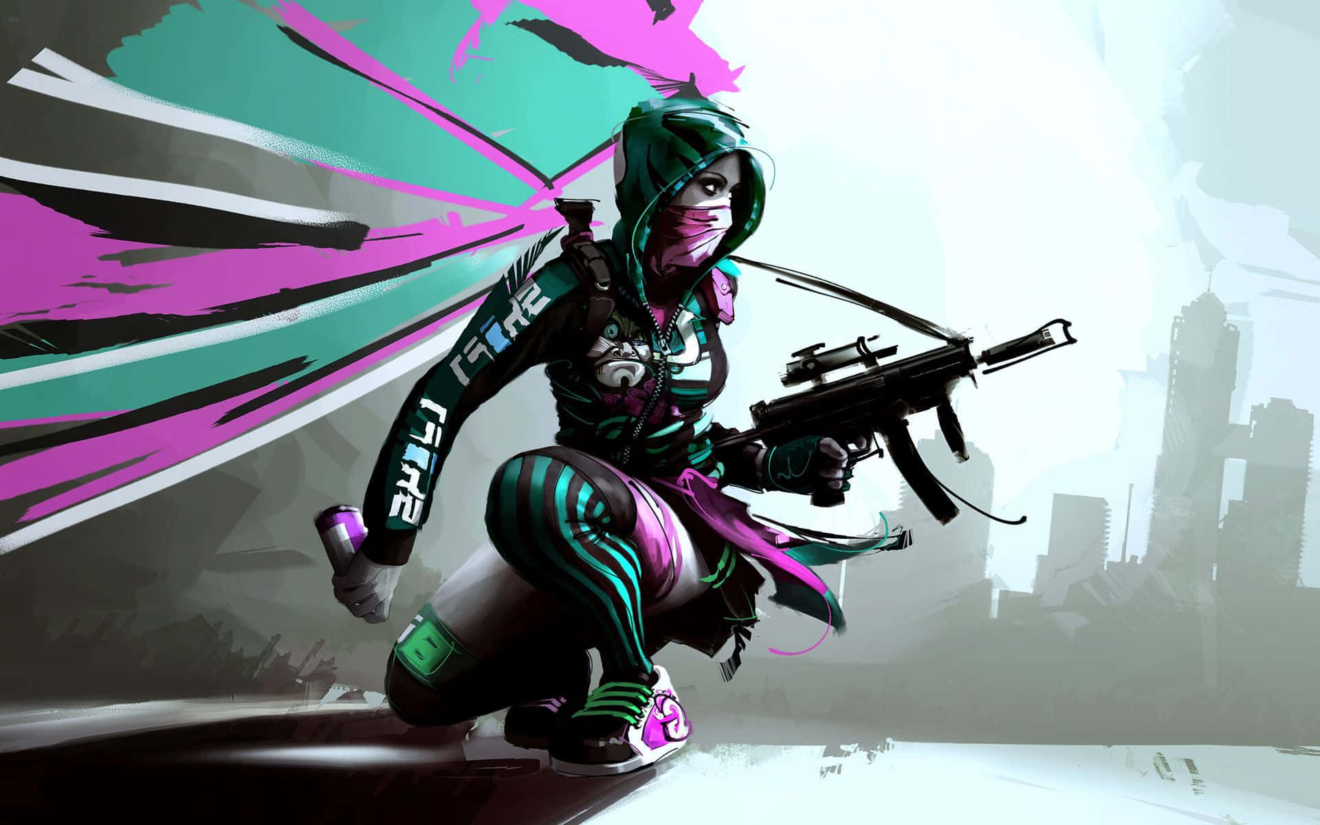 Kawaii Gaming Girl, green and pink gear, rifle, Full HD Desktop Wallpaper