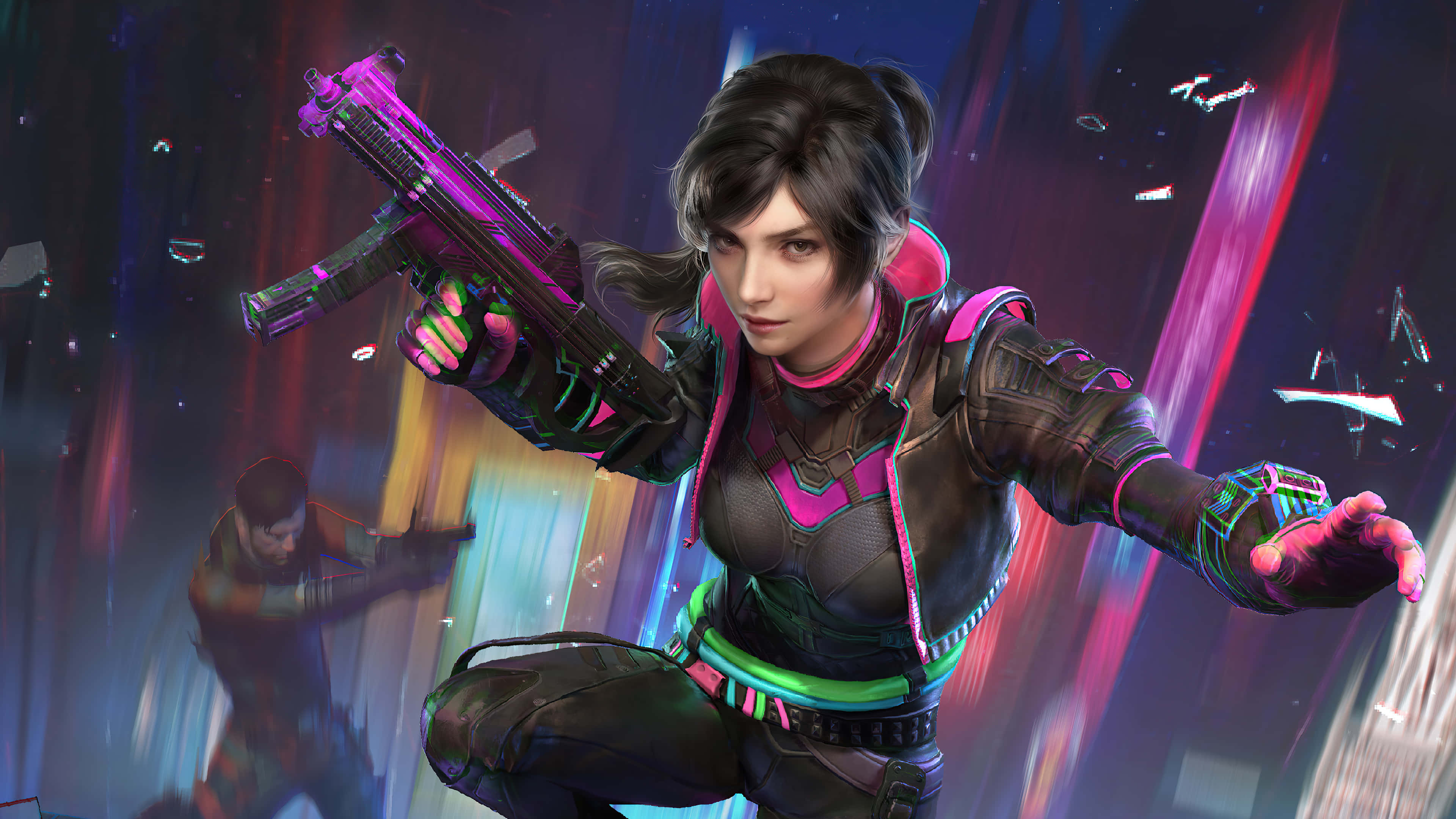 Kawaii Gaming Girl, cyberpunk female warrior, neon gear, 4K Desktop Wallpaper