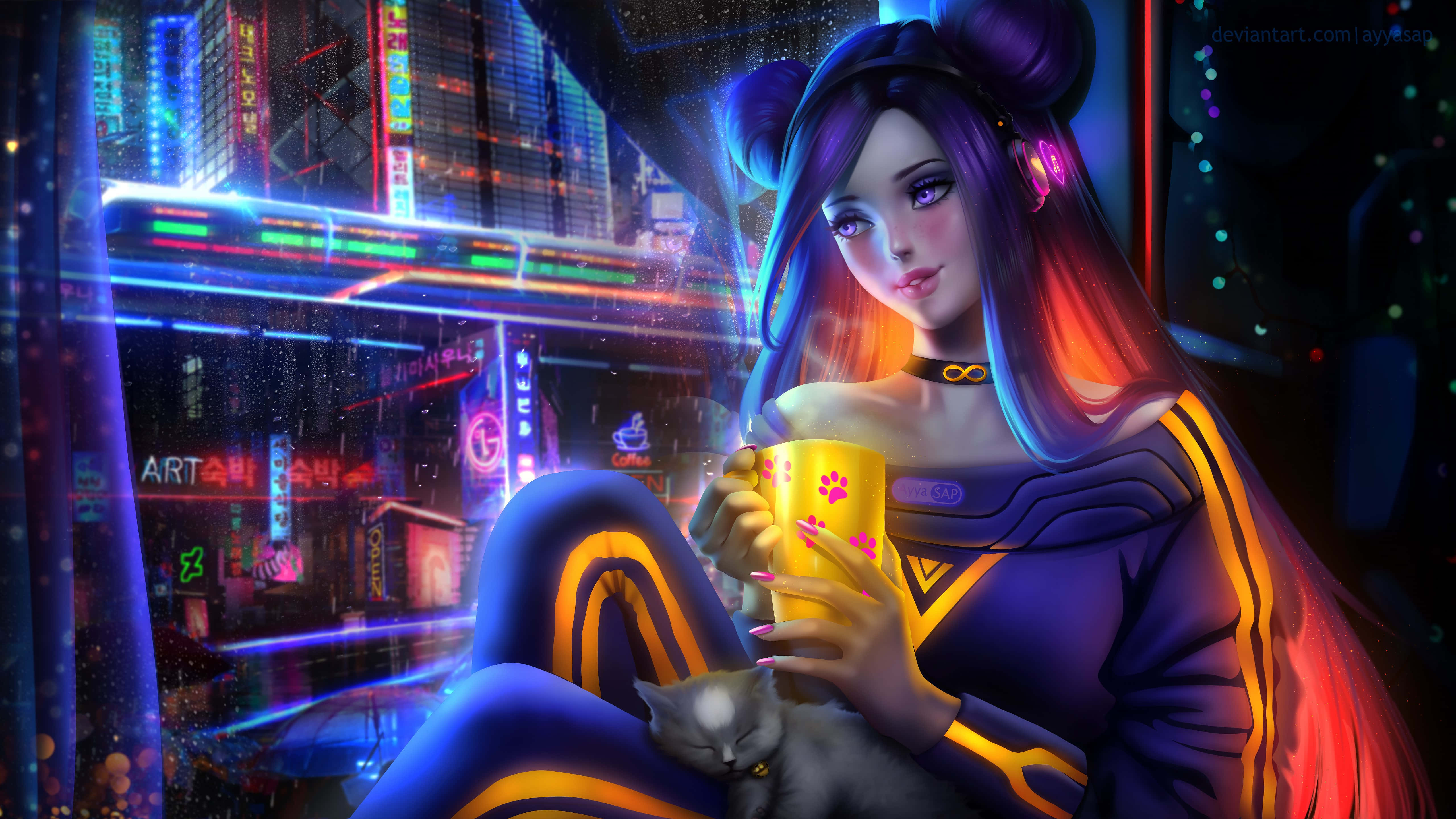 Kawaii Gaming Girl, purple hair, neon-lit cityscape, 5K Desktop Wallpaper