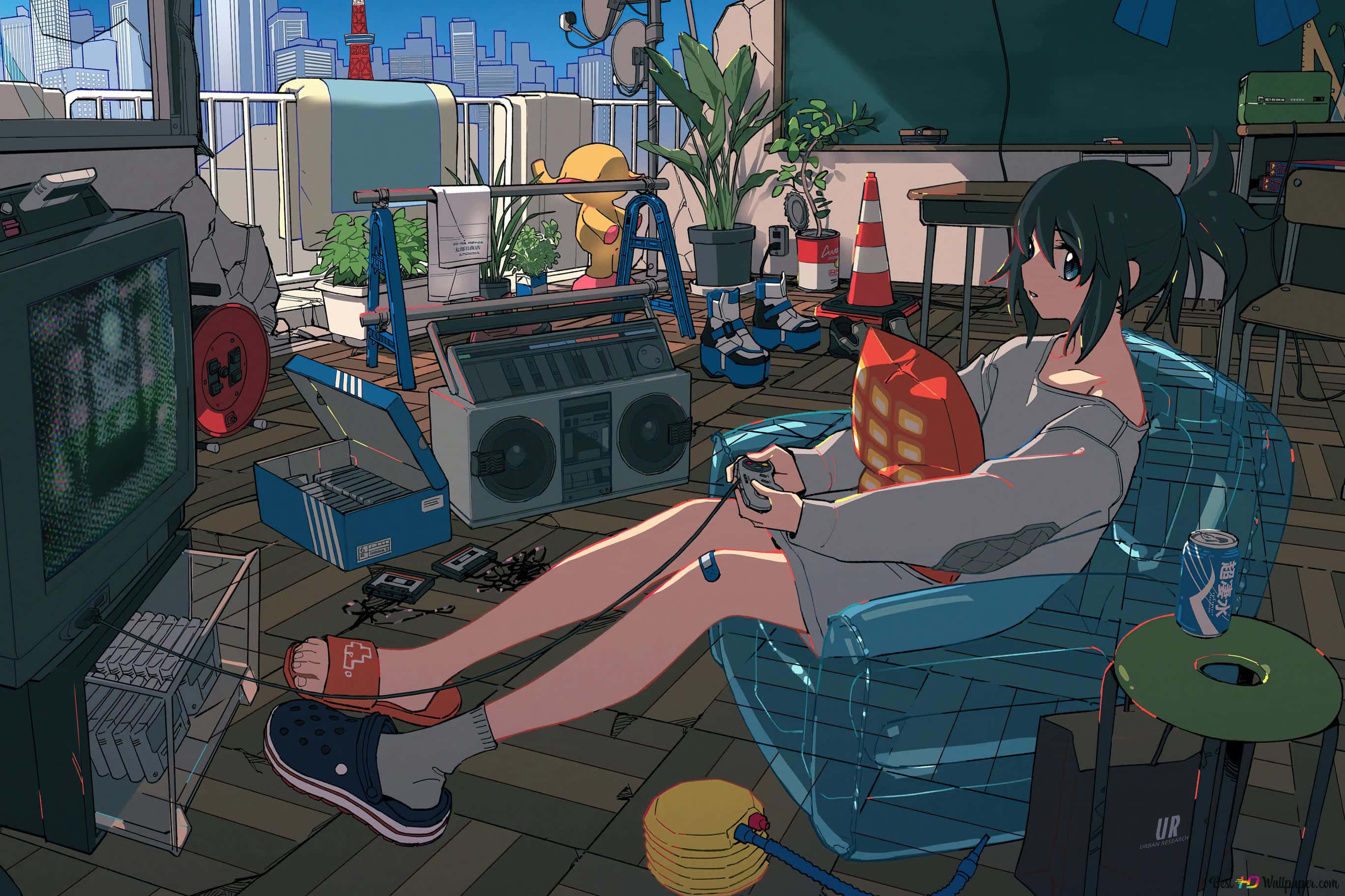 Kawaii Gaming Girl, blue chair, retro game, 2K Desktop Wallpaper