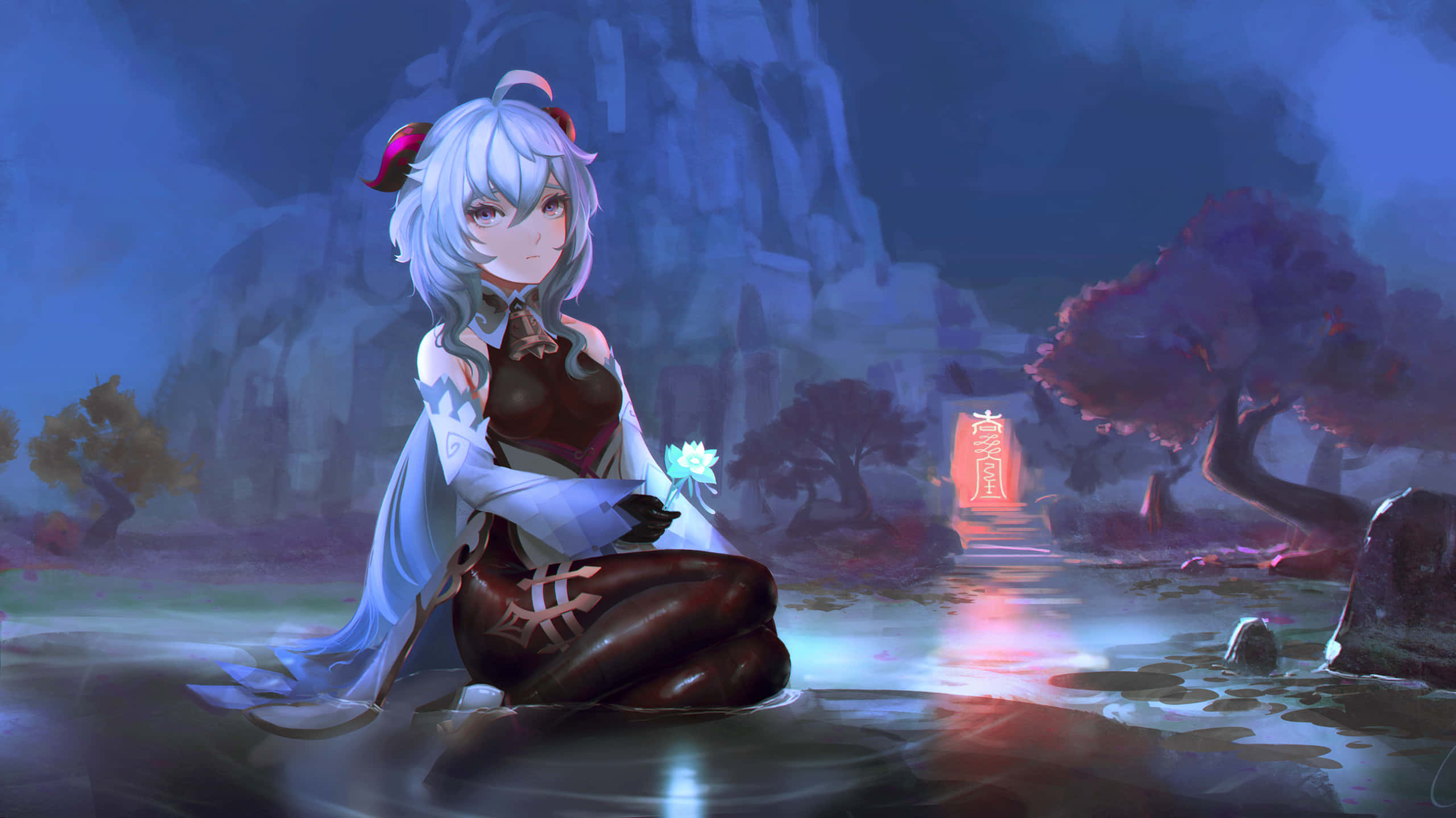Kawaii Gaming Girl, silver-haired anime girl, glowing blue flower, 2K Desktop Wallpaper