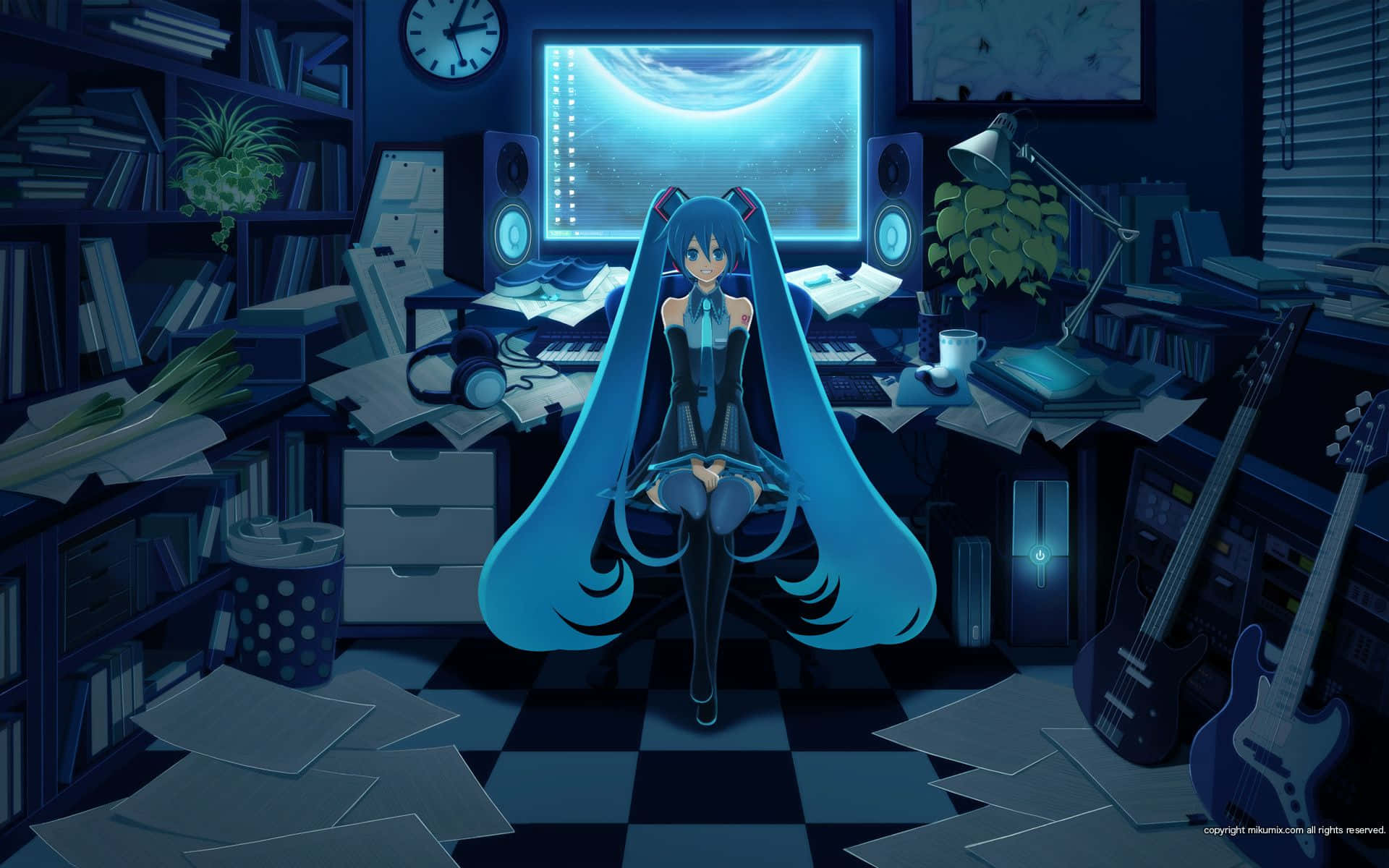 Kawaii Gaming Girl, long blue hair, cluttered dark blue room, Full HD Desktop Wallpaper