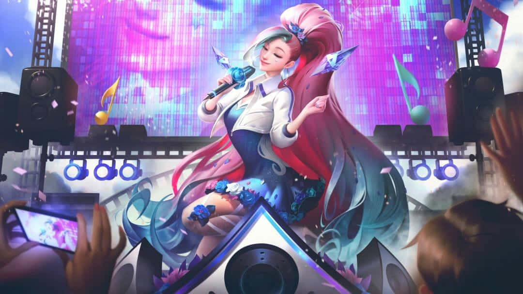 Kawaii Gaming Girl, pink hair, glowing stage, SD Desktop Wallpaper