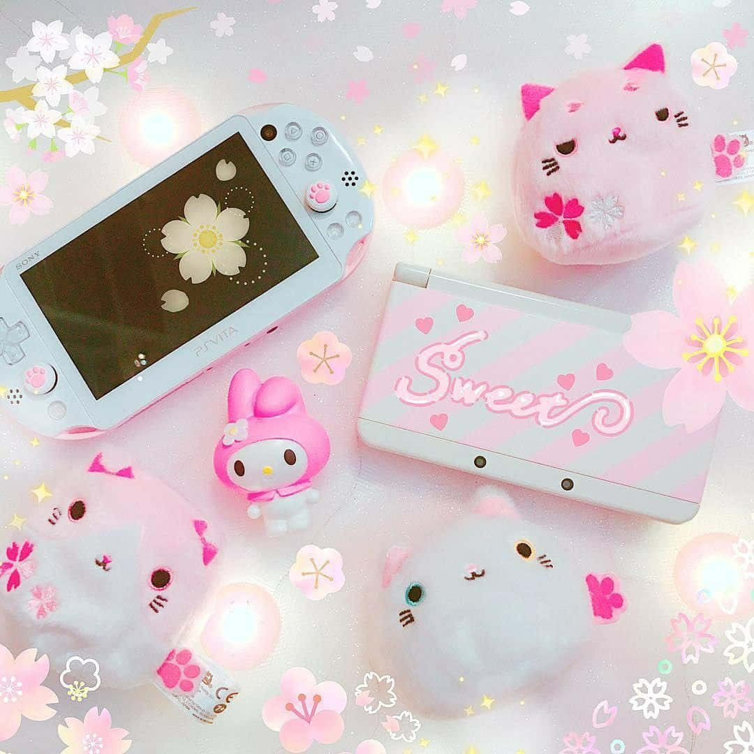 pastel pink, plush cats, cherry blossoms, SD Desktop Wallpaper