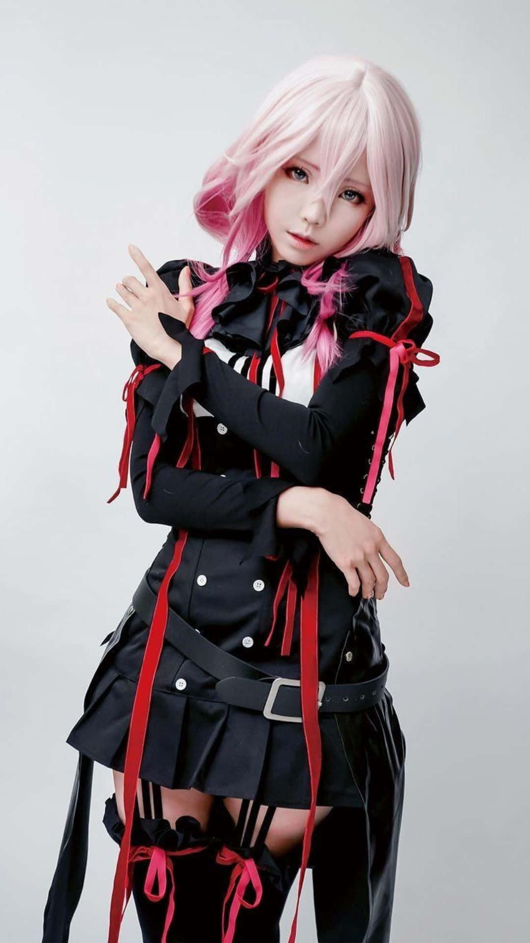 pink hair, black and red gothic outfit, plain gray background, Full HD Phone Wallpaper