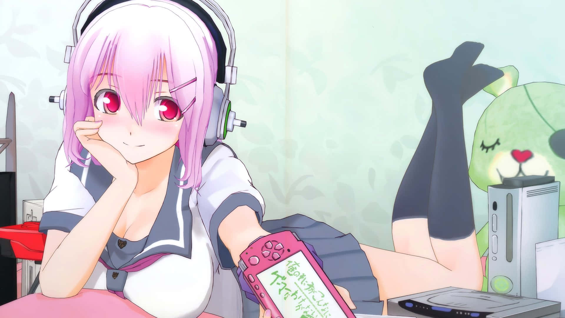 pink-haired anime girl, red eyes, pink handheld game console, Full HD Desktop Wallpaper