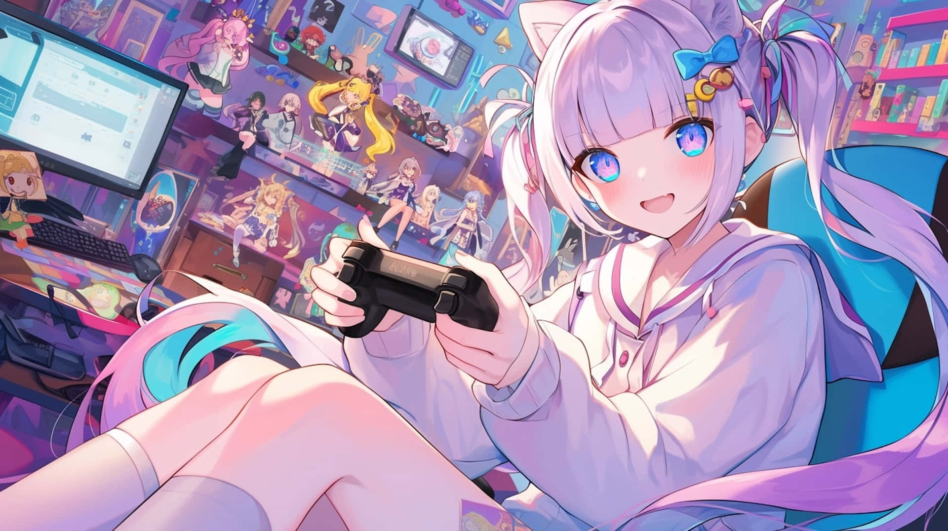 anime gamer girl, cat ears, purple hair, Full HD Desktop Wallpaper