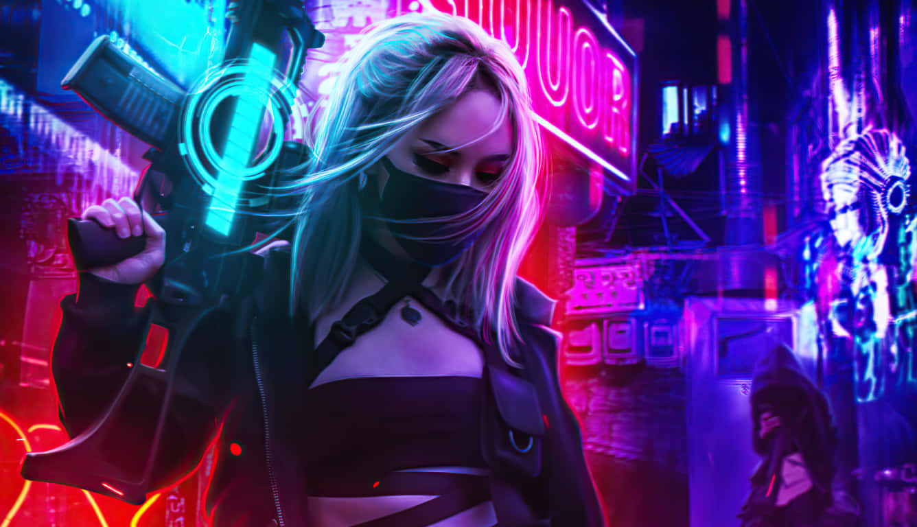 neon city, glowing blonde hair, futuristic gun, HD Desktop Wallpaper