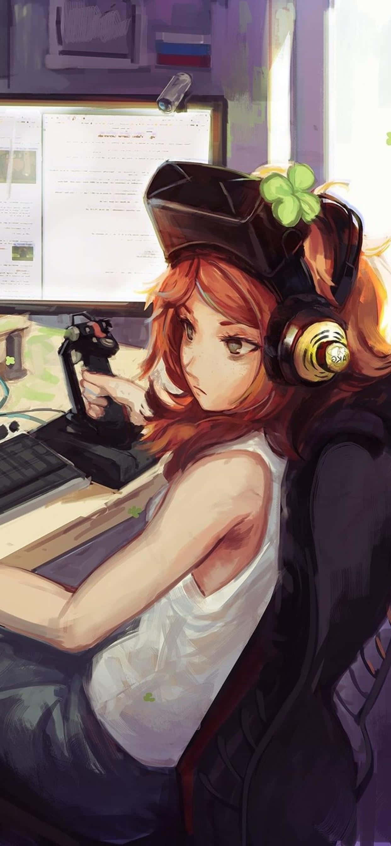 Kawaii Gaming Girl, red hair, headset, 2K Phone Wallpaper