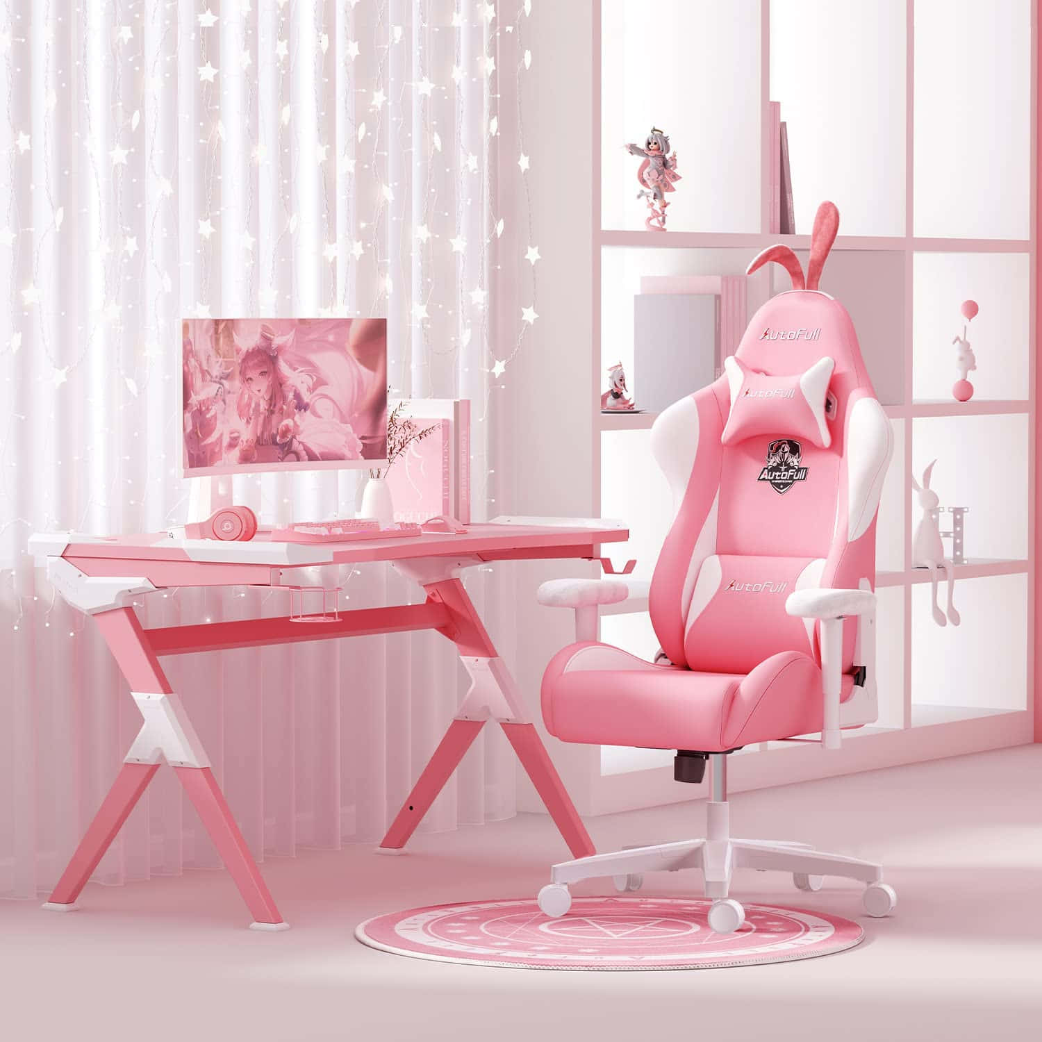 kawaii gaming, bunny-themed chair, starlit curtains, HD Desktop Wallpaper