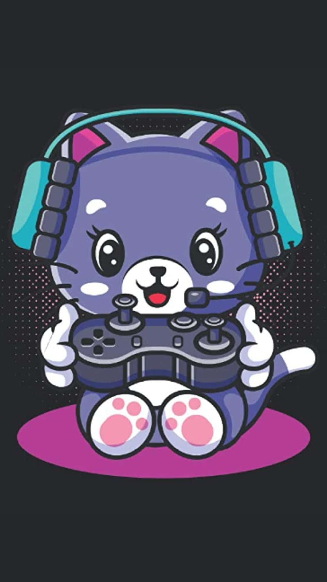 kawaii gaming, purple cartoon cat, headphones, Full HD Phone Wallpaper
