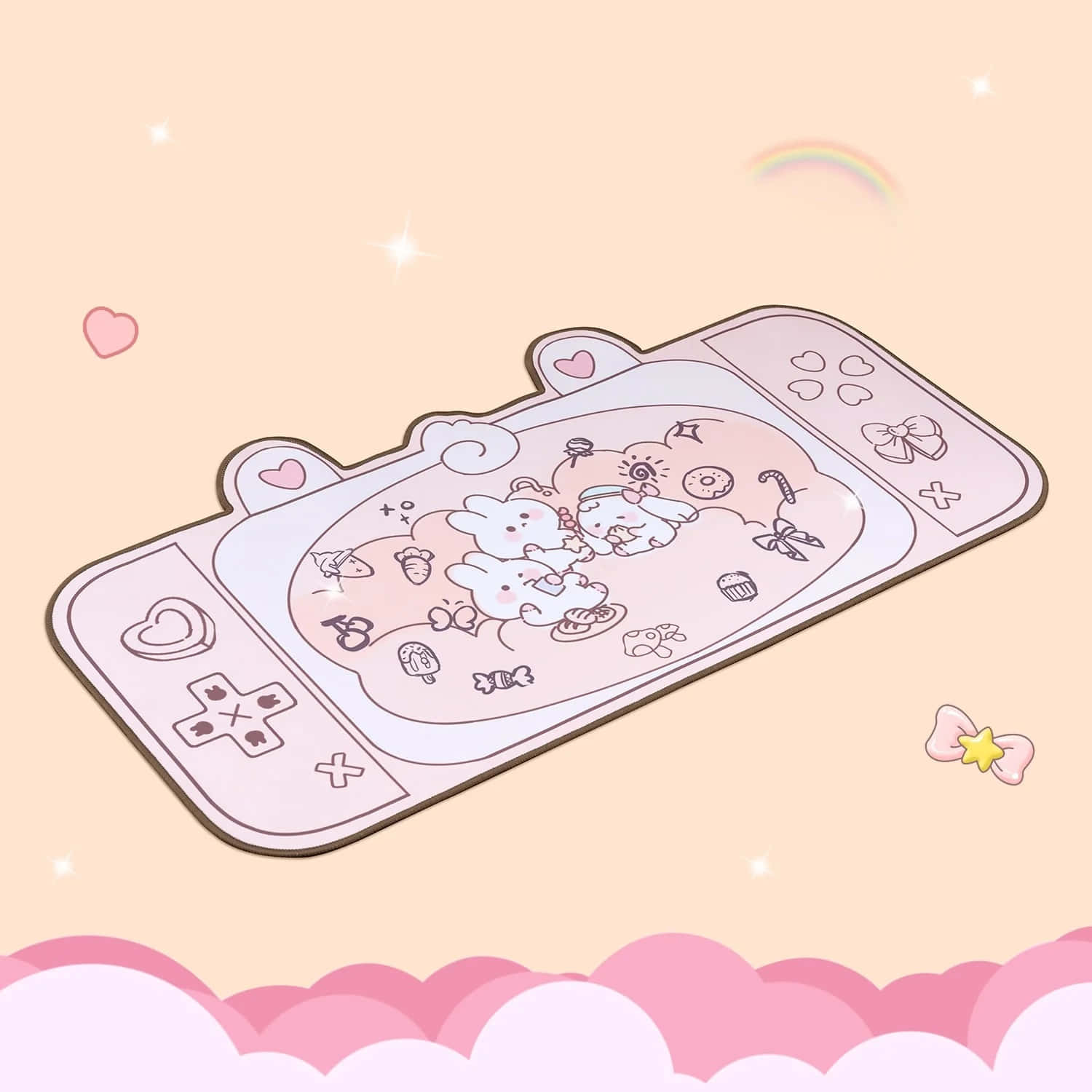 pastel pink, game controller shaped mat, cute cartoon bunnies, HD Desktop Wallpaper