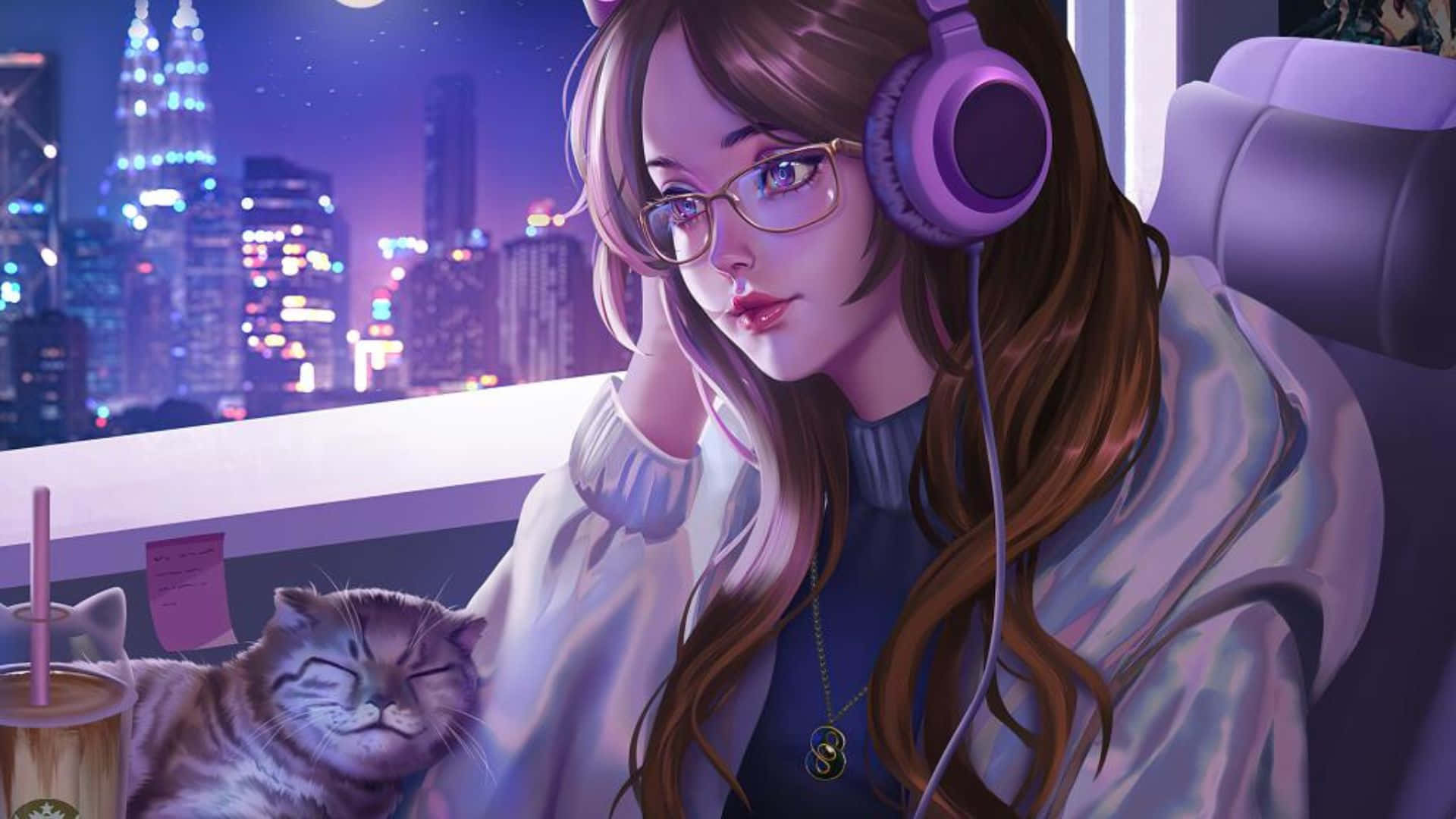 Kawaii Gaming, glasses, purple headphones, Full HD Desktop Wallpaper