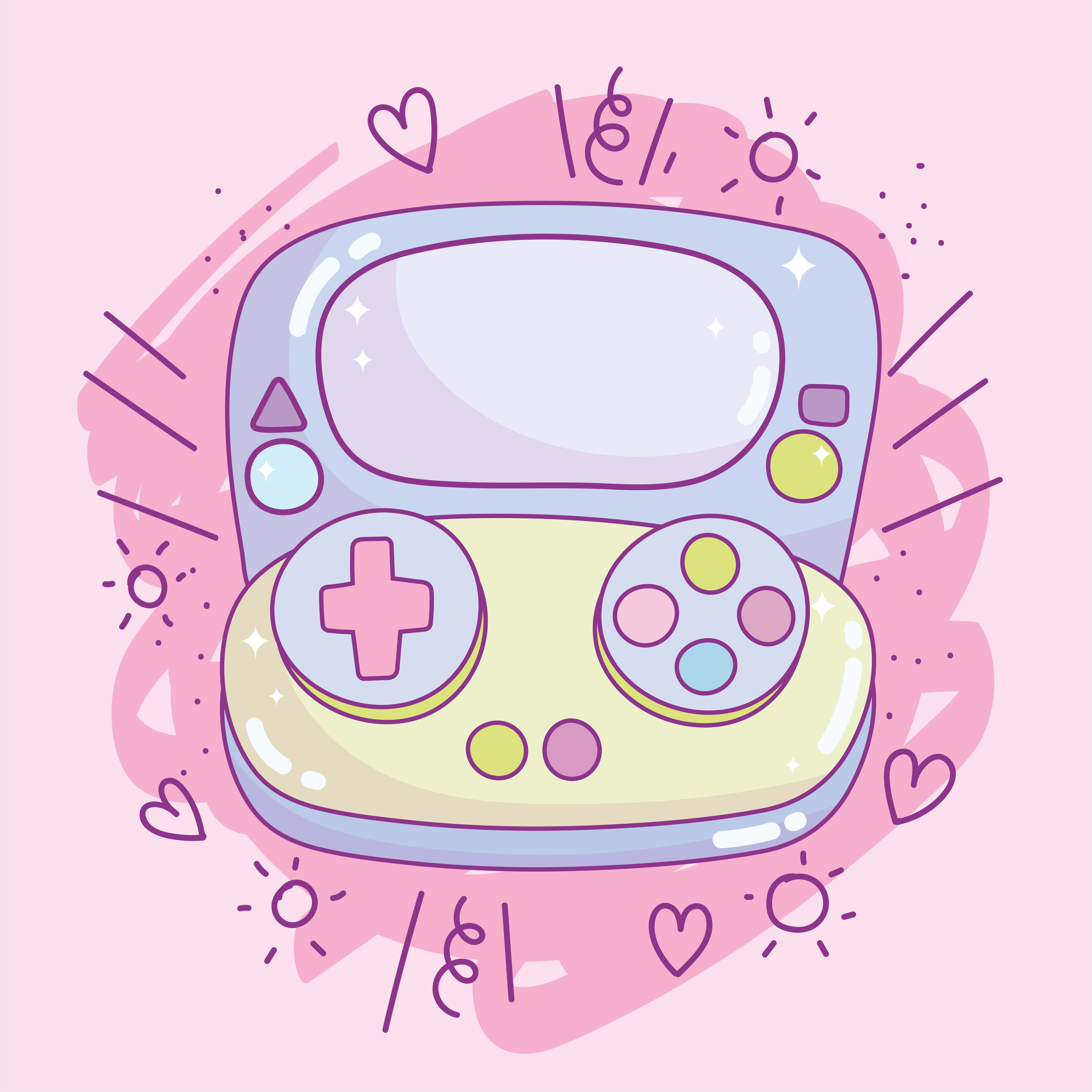 Kawaii Gaming, pastel-colored handheld game console, heart and sun doodles, 5K Desktop Wallpaper